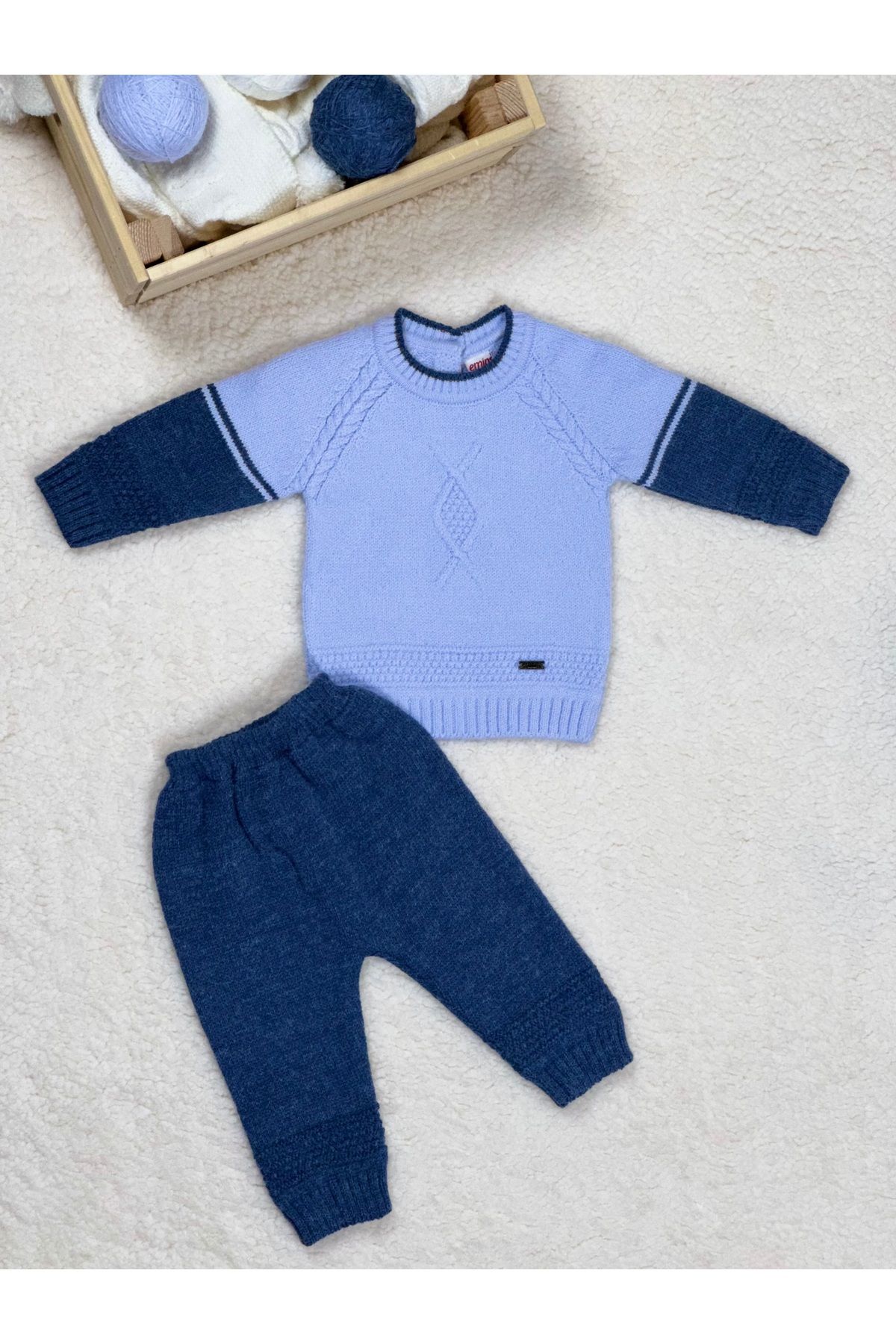 E&S EMİN'S emins Triko Erkek Bebek Saç Örgü Detaylı Reglan Renk Bloklu Kol Üst Beli Lastikli Pantolon Takım