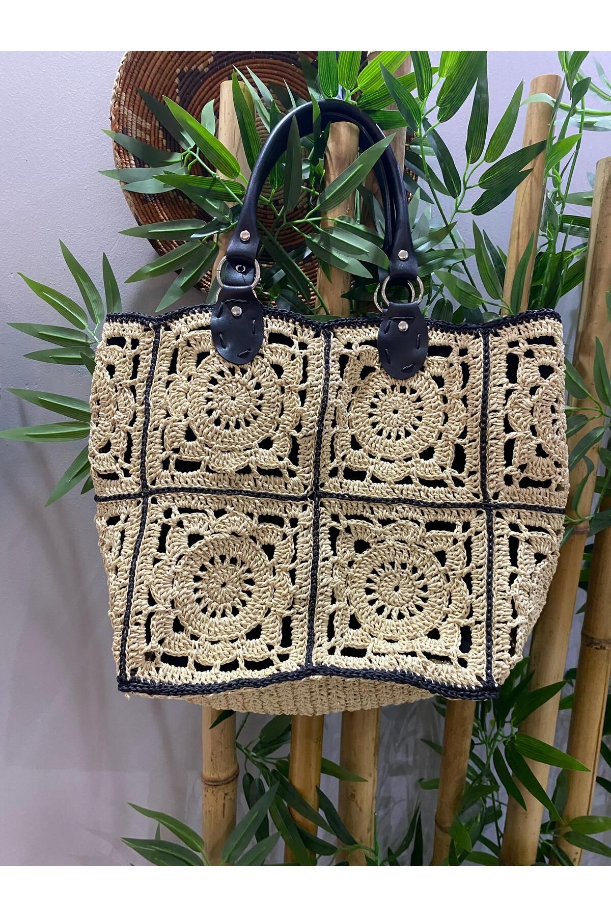 KÜBRA UYAN JEWELRY Motifli Makrome Çanta, Büyük Plaj Çantası, Örgü Omuz Çantası, Yazlık Hasır Çanta, Özel Tasarım Çanta