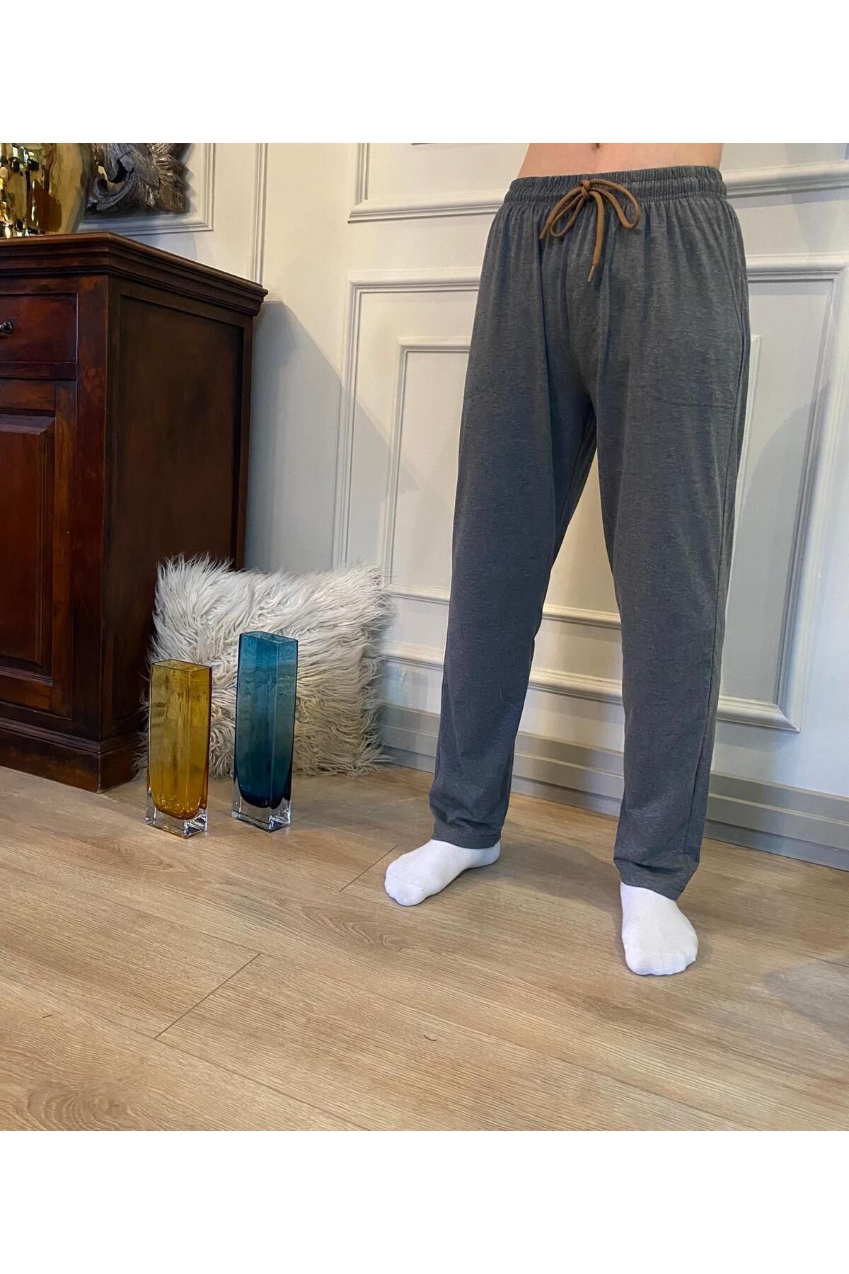 DÜVEN Erkek Antrasit Düz Paça Penye %100 Pamuklu Standart Fit Pijama Altı Normal Kesim Beli Lastikli Cepli