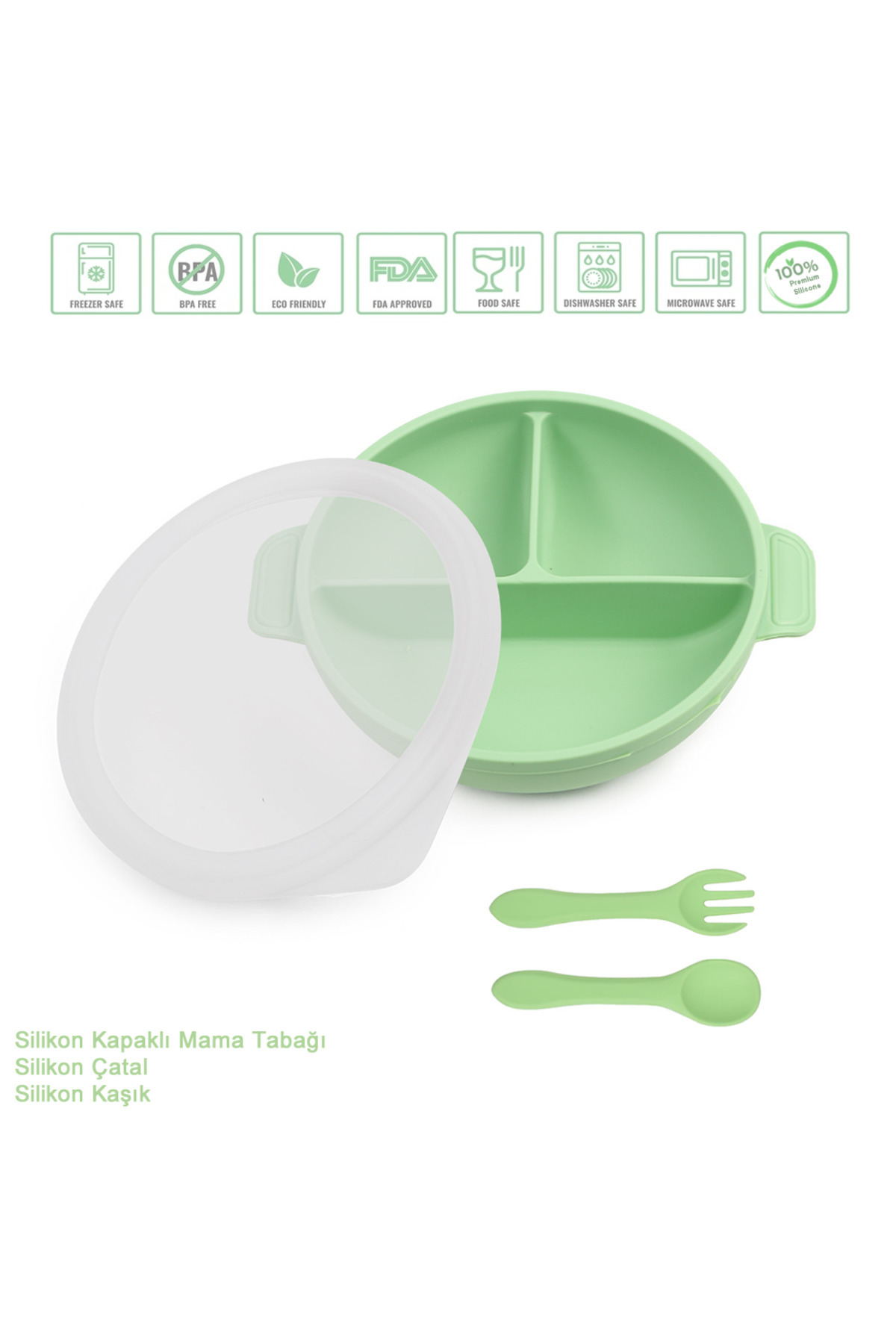 jojobebek Silikon Beslenme Seti Vakumlu Silikon Mama Tabağı (KAPAKLI), Silikon Çatal Ve Kaşık / Yeşil Renk