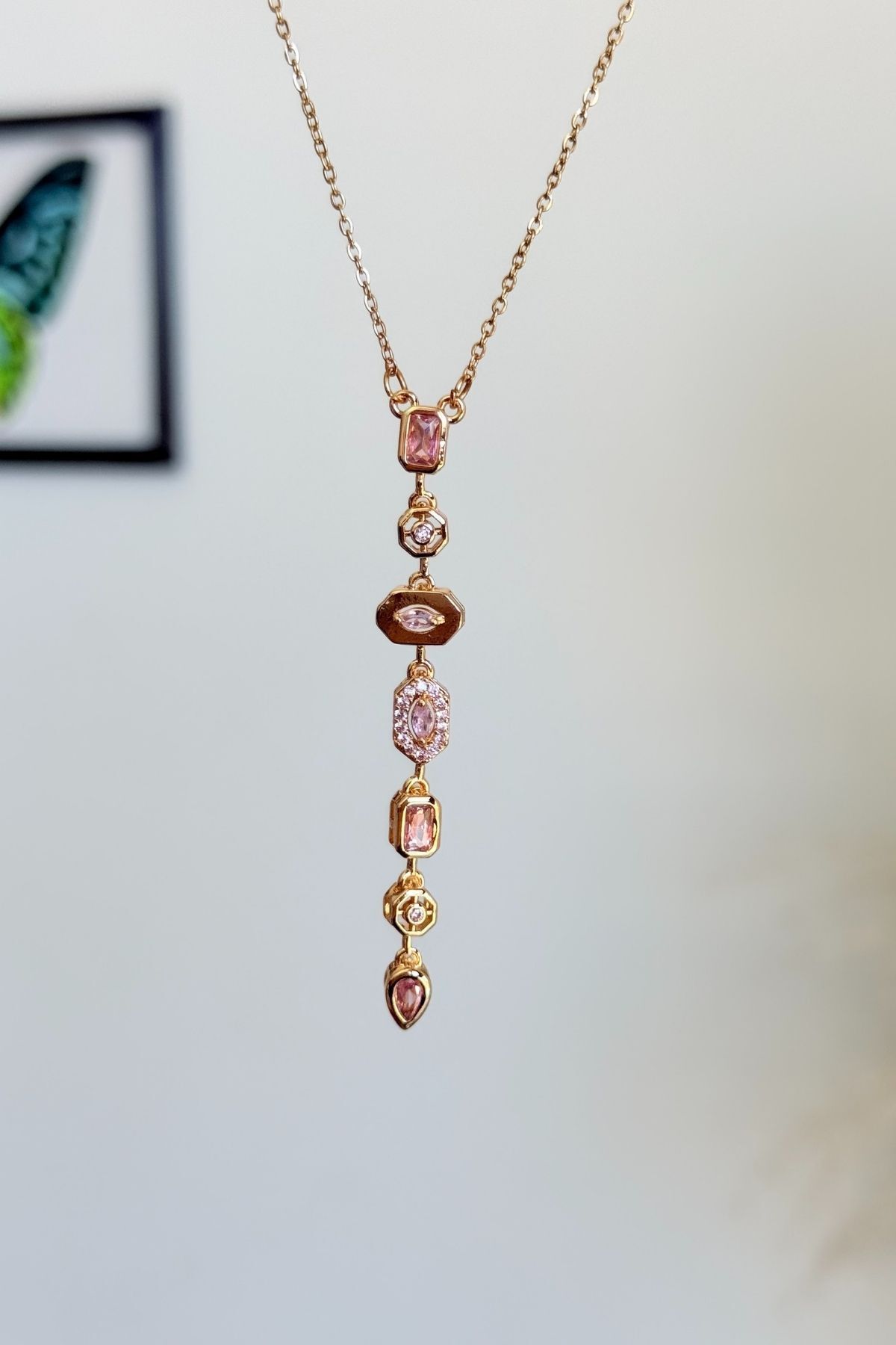 Trendy Butik Çelik Pembe Renkli Y Kolye