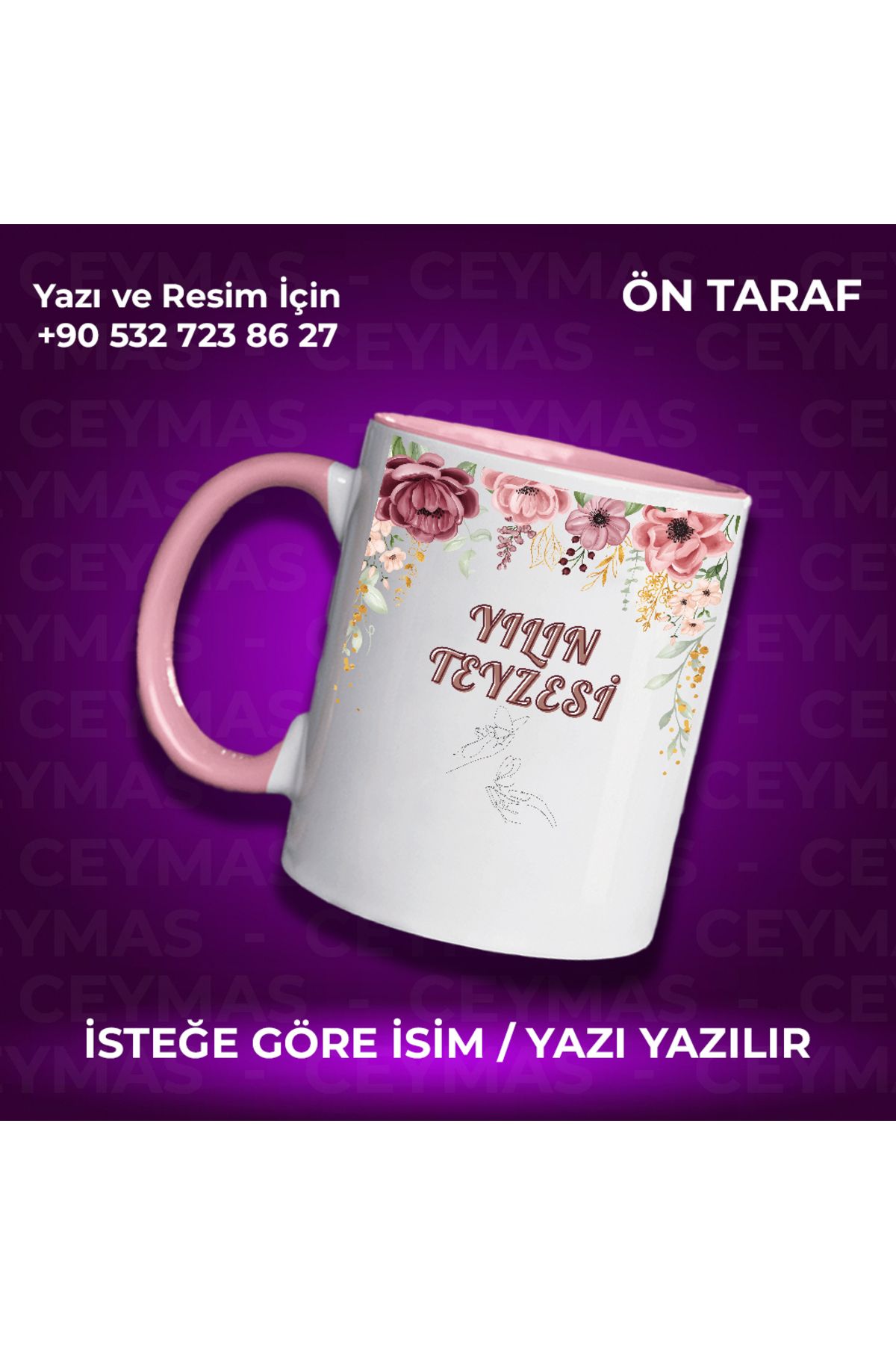 Ceymas Hediyelik Kişiye Özel İsimli Yılın Teyzesi Baskılı Hediyelik Renkli Kupa Bardak