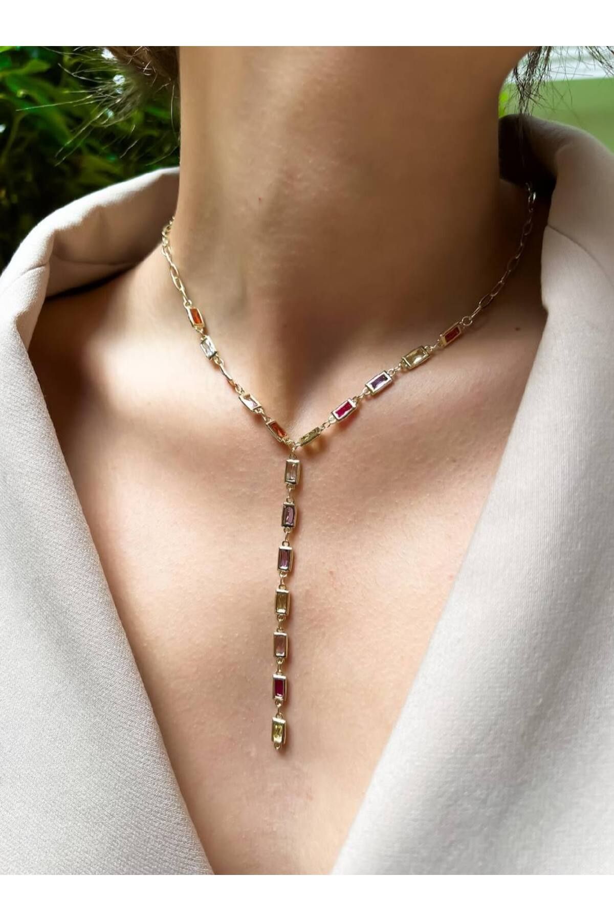lysiaaccessory Çok Renkli Dikdörtgen Zirkon Taşlı Y Model Dekolte Kolyesi