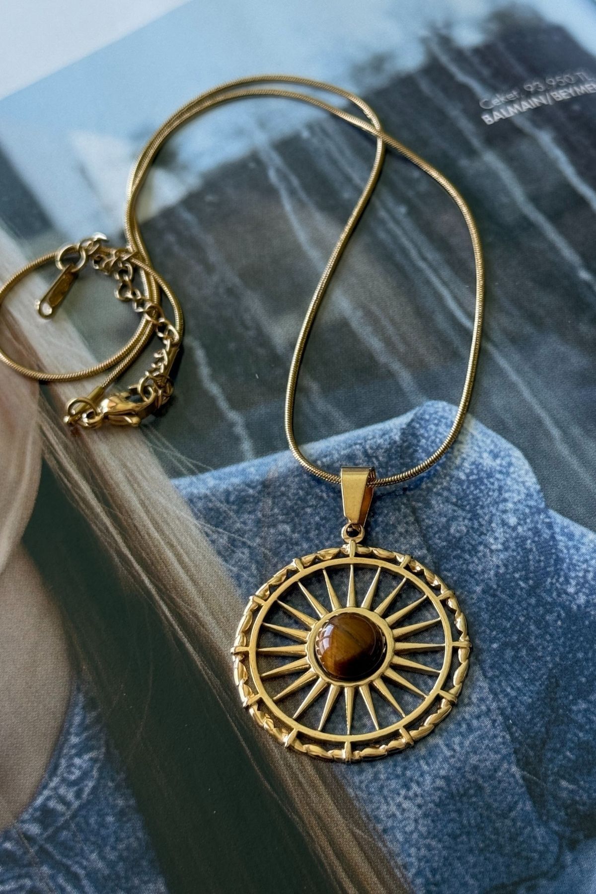 Trendy Butik Çelik Doğaltaşlı Güneş Kolye