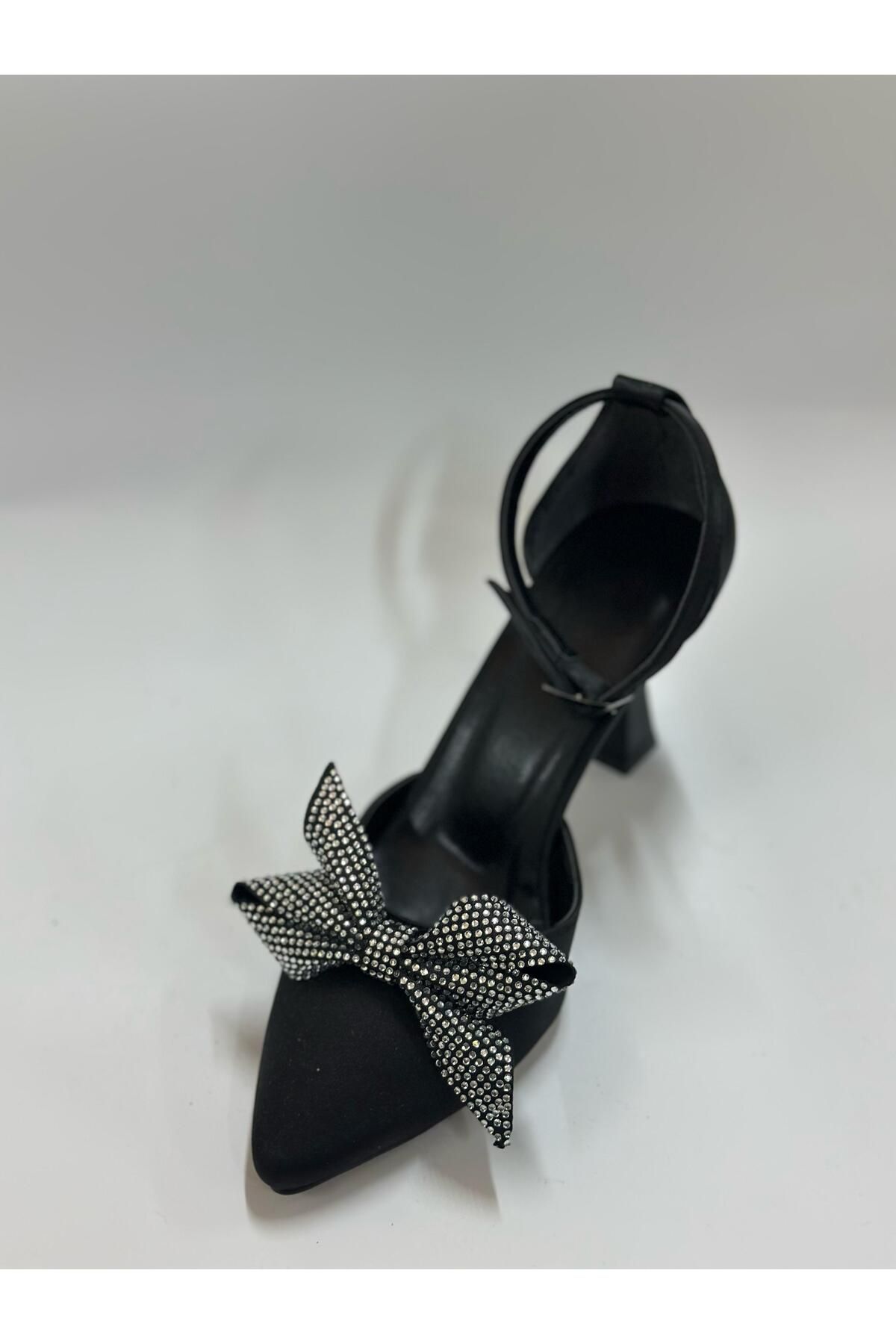 LINASHOES07 Saten Taş Detaylı Fiyonk Kadın Topuklu Ayakkabı