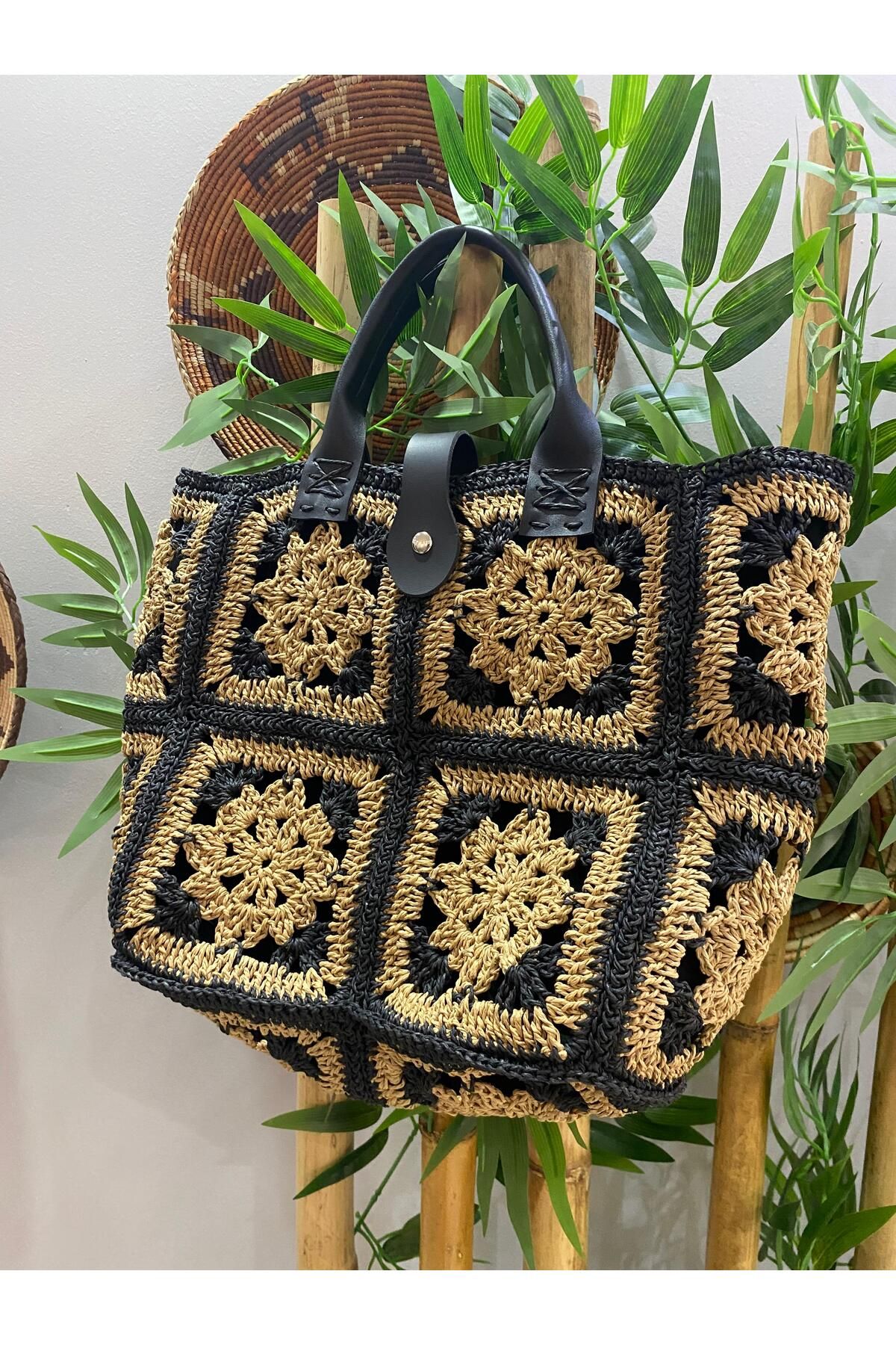 KÜBRA UYAN JEWELRY Motifli Makrome Çanta, Büyük Plaj Çantası, Örgü Omuz Çantası, Yazlık Hasır Çanta, Özel Tasarım Çanta