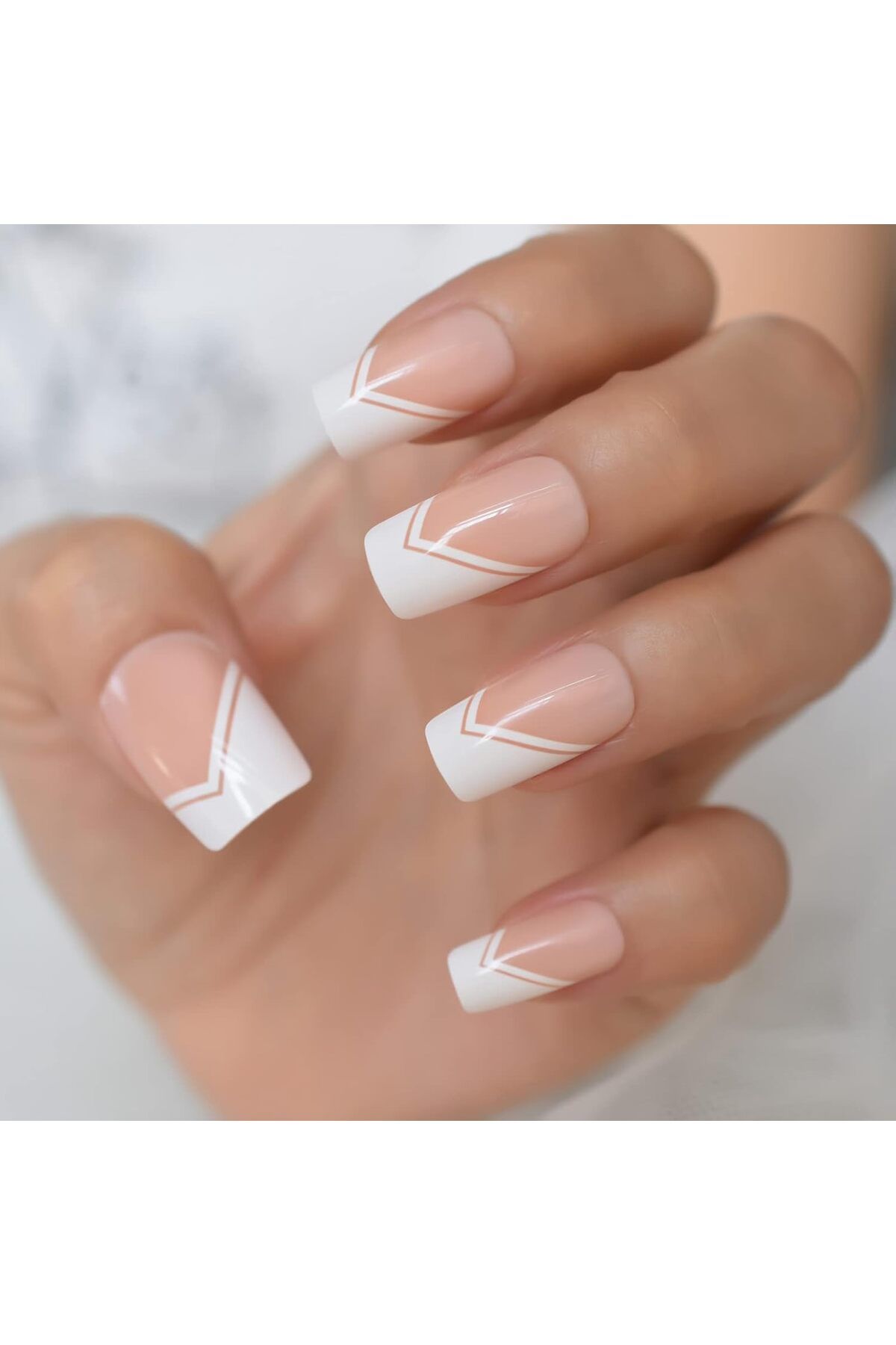 EDA LUXURY BEAUTY 24'lü Doğal Pembe Ombre French Takma Tırnak Lüks Natürel Extra Uzun Küt Kare Yapıştırıcılı Set