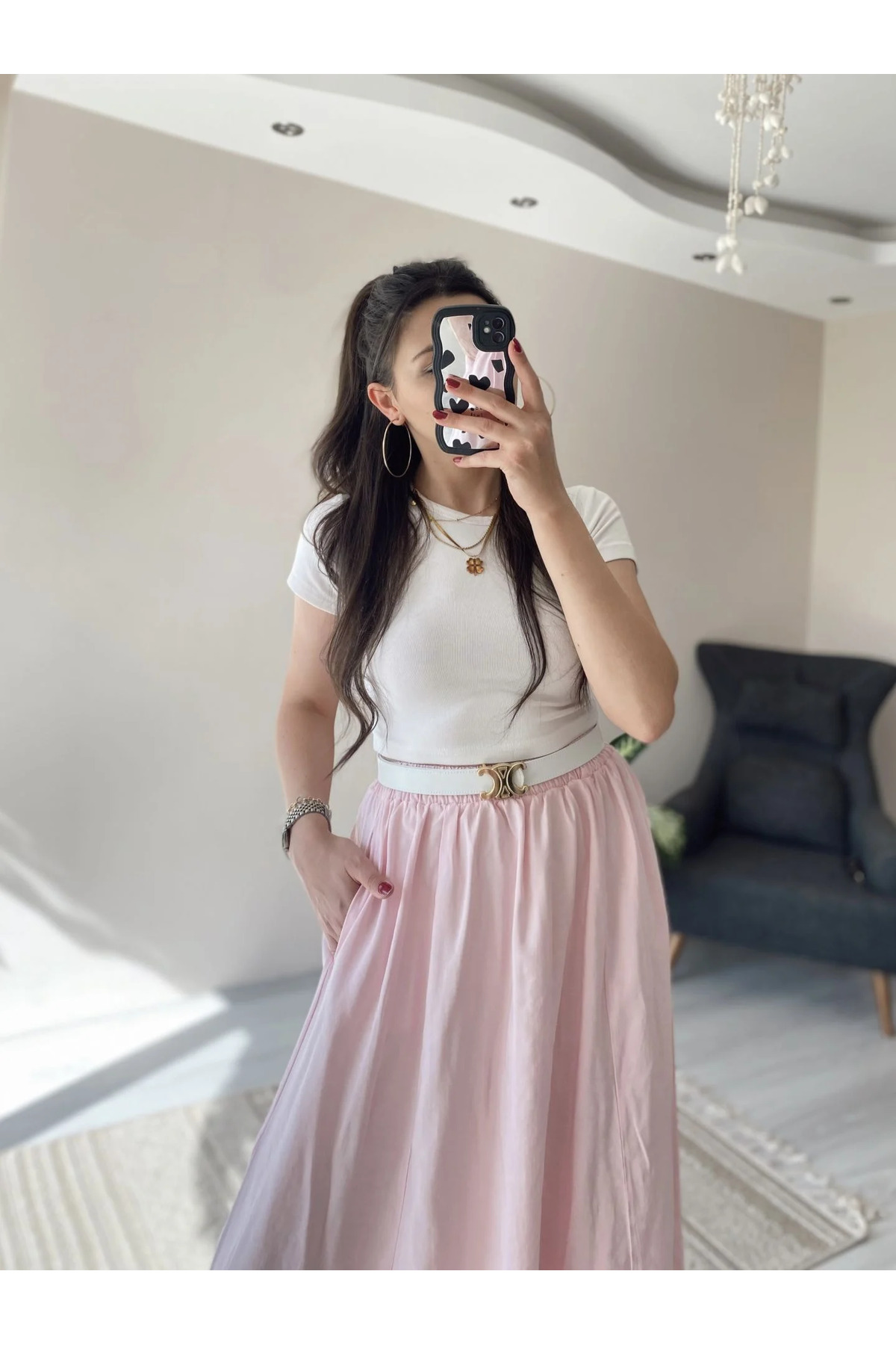 Hacer Balcı  Lyocell Beli Lastikli Çift Cepli Uzun Etek - Görsel 8