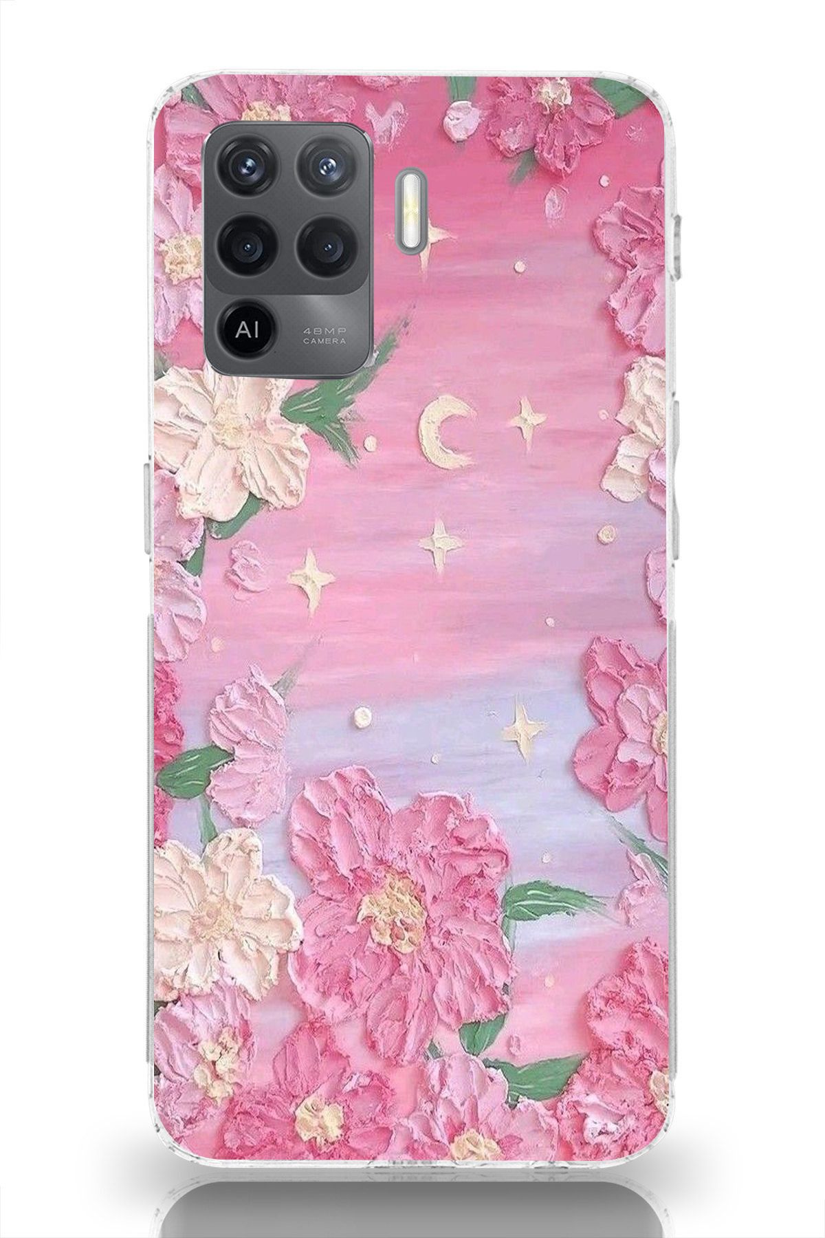 moonset Oppo Reno 5 Lite Uyumlu Pastel Çiçekler Tasarımlı Baskılı Şeffaf Telefon Kılıfı