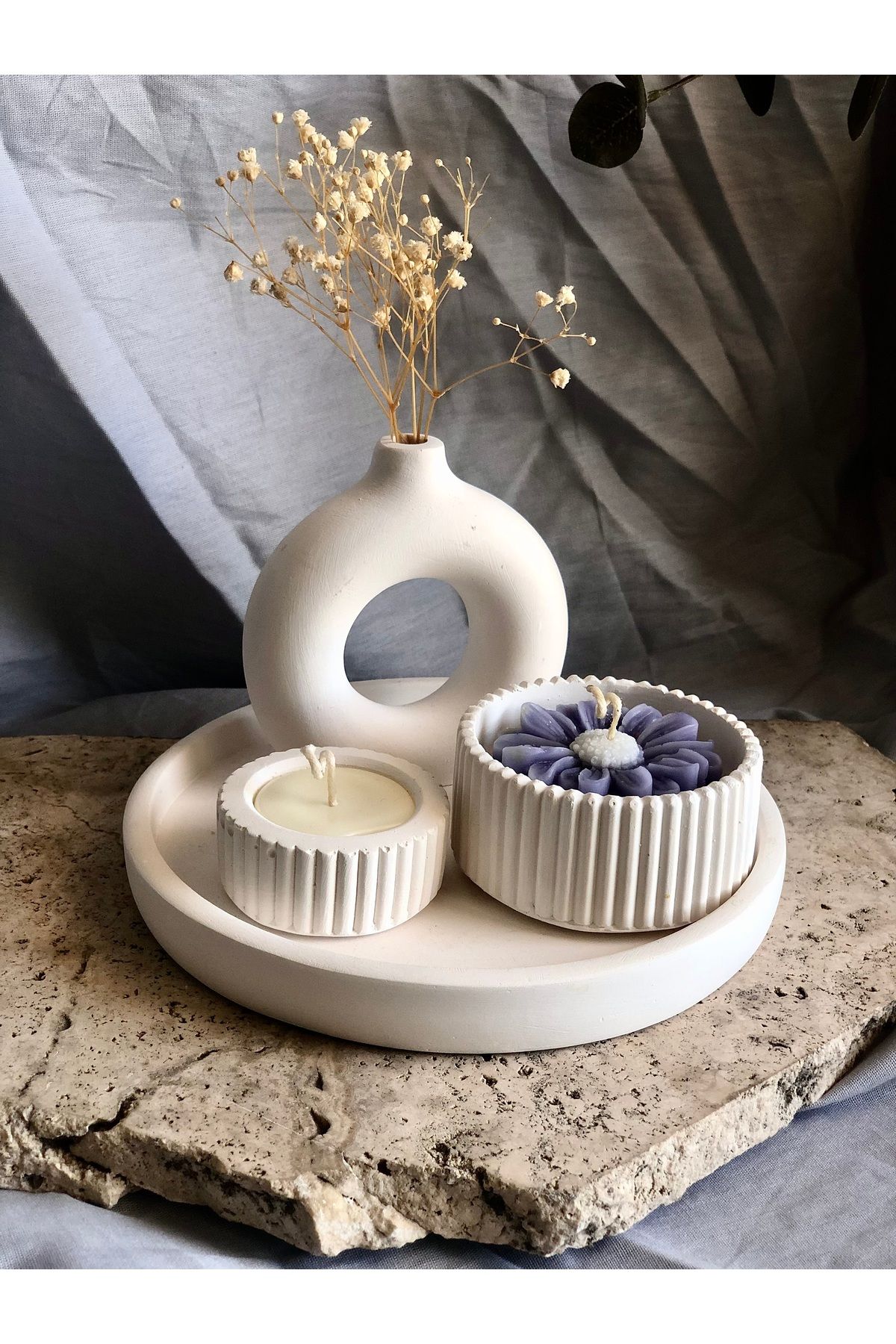 thiramis homeconcept Dekoratif 4 Parça Lila Papatya Mum Set