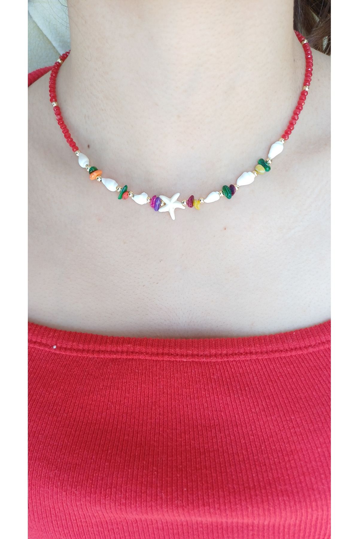 Jewerly Kristal boncuk kolye deniz kabugu ve doğaltaş detaylı