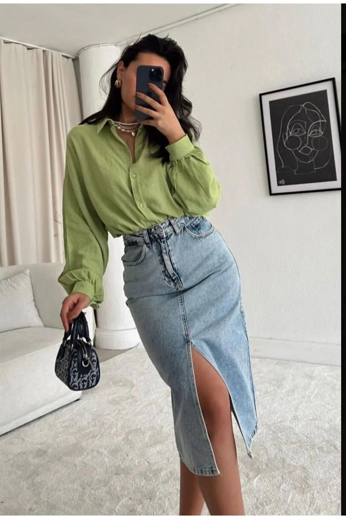 BİRDALİFE WEAR Midi Koyu Karyıkama Yırtmaçlı Kot Etek