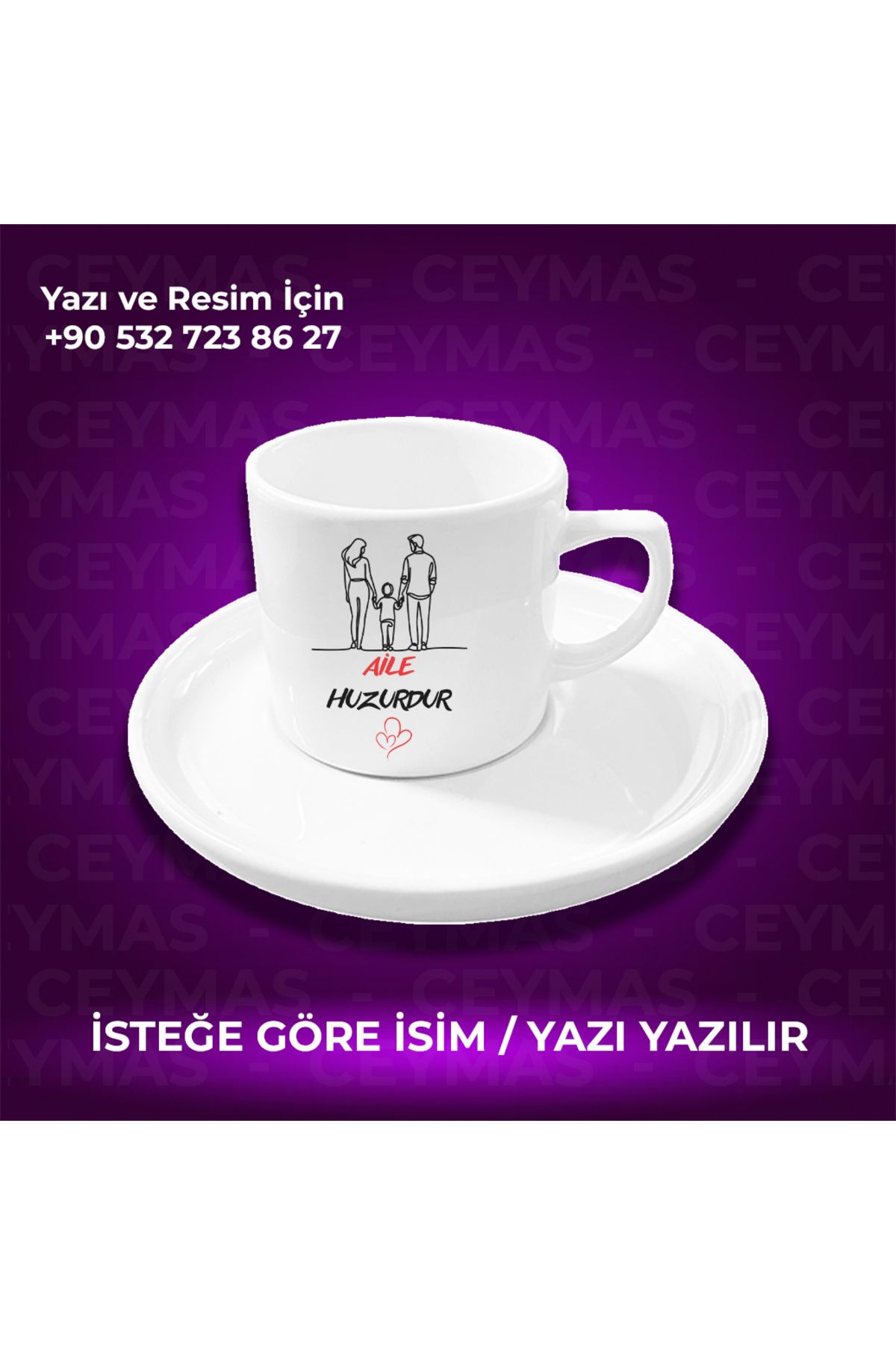 Ceymas Hediyelik Kişiye Özel İsimli Aile Huzurdur Baskılı Hediyelik Renkli Kupa Bardak