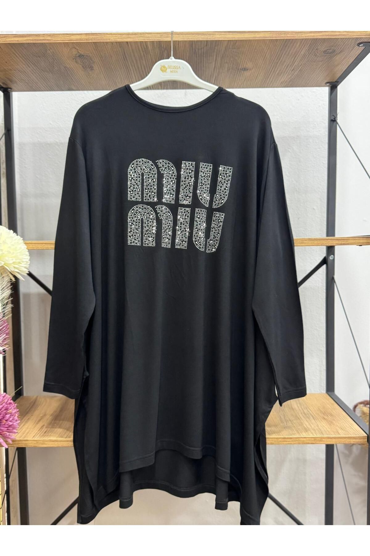 ÖZNE BUTİK Kadın pamuklu likralı bisiklet yaka miu taş baskılı oversize tunik