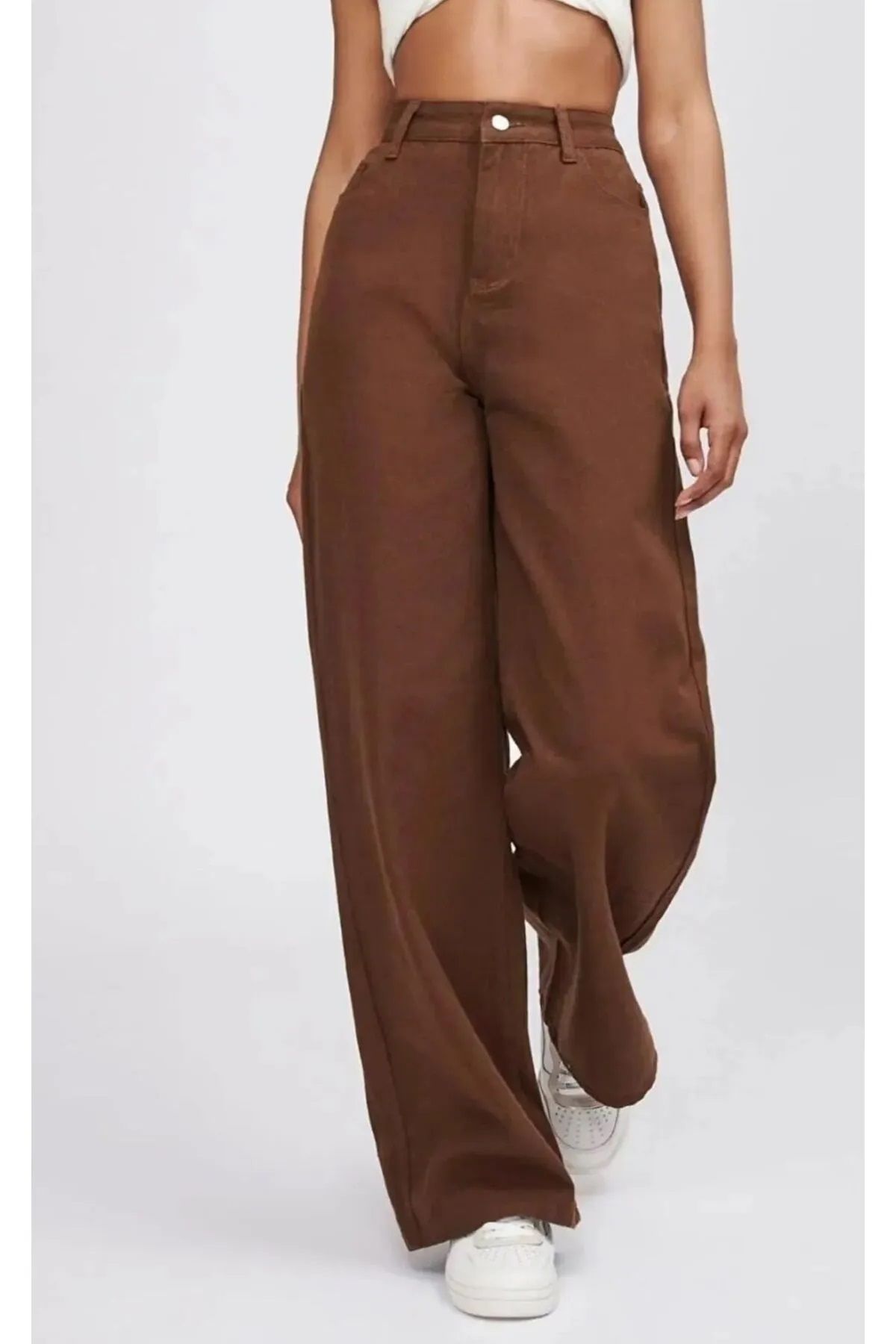 BİRDALİFE WEAR Kahverengi Palazzo Bol Paça Kot Pantolon Likralı