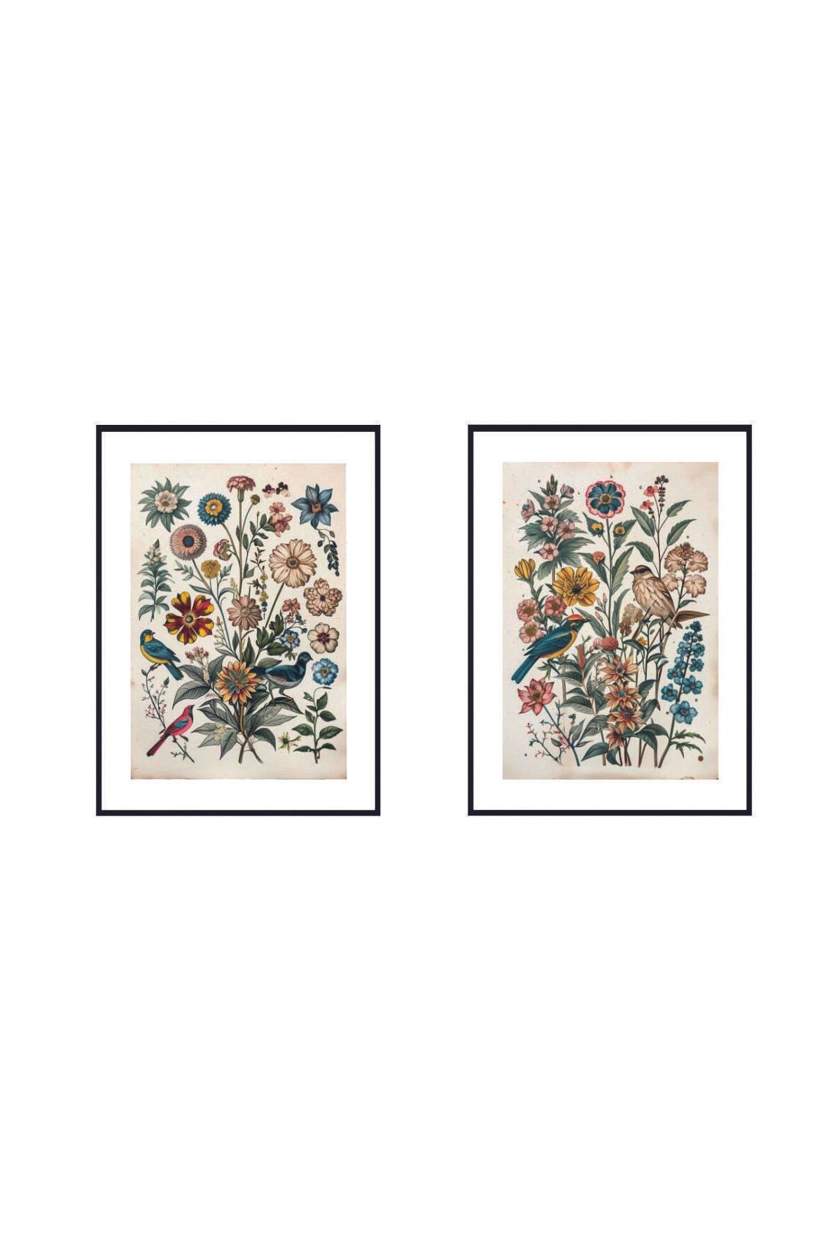 Artte Ahşap Çerçeveli Vintage Kuş ve Çiçek Desenli 2’li Tablo Seti – Retro Botanik Duvar Dekoru