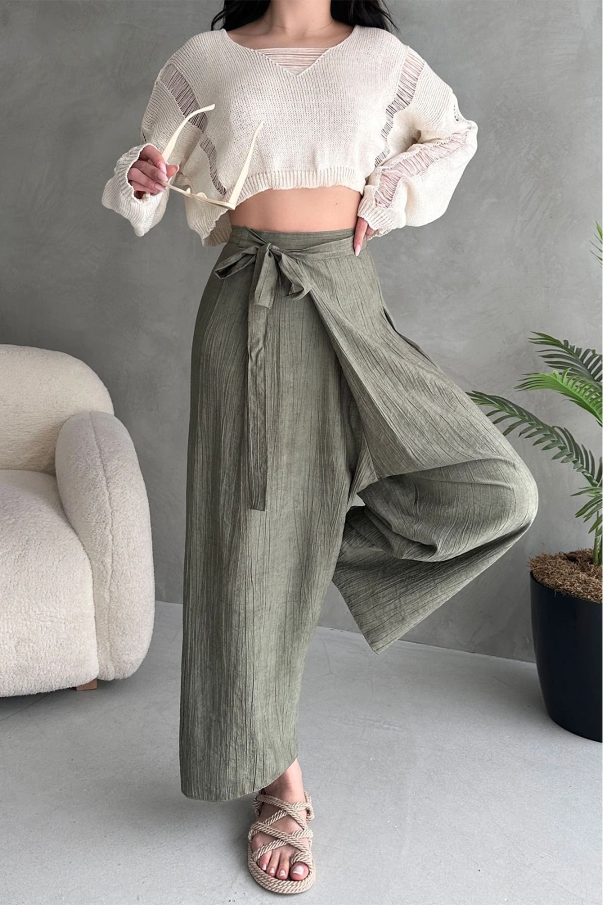 Nisa Luxury Boutique Kadın Yüksek Bel Bağlamalı Anvelop Kesim Şalvar Pantolon