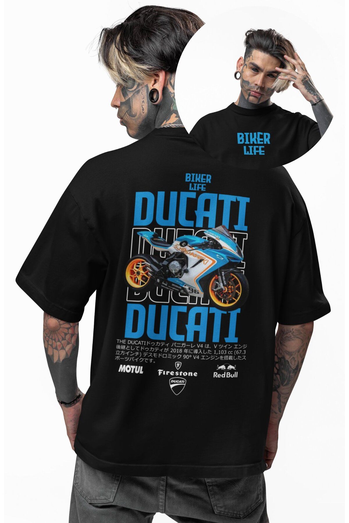 Fuddy Moda Unisex Kırmızı Mavi Ducatti Biker Life Sırt Baskılı Tişört, Oversize Motorsiklet Temalı T-Shirt