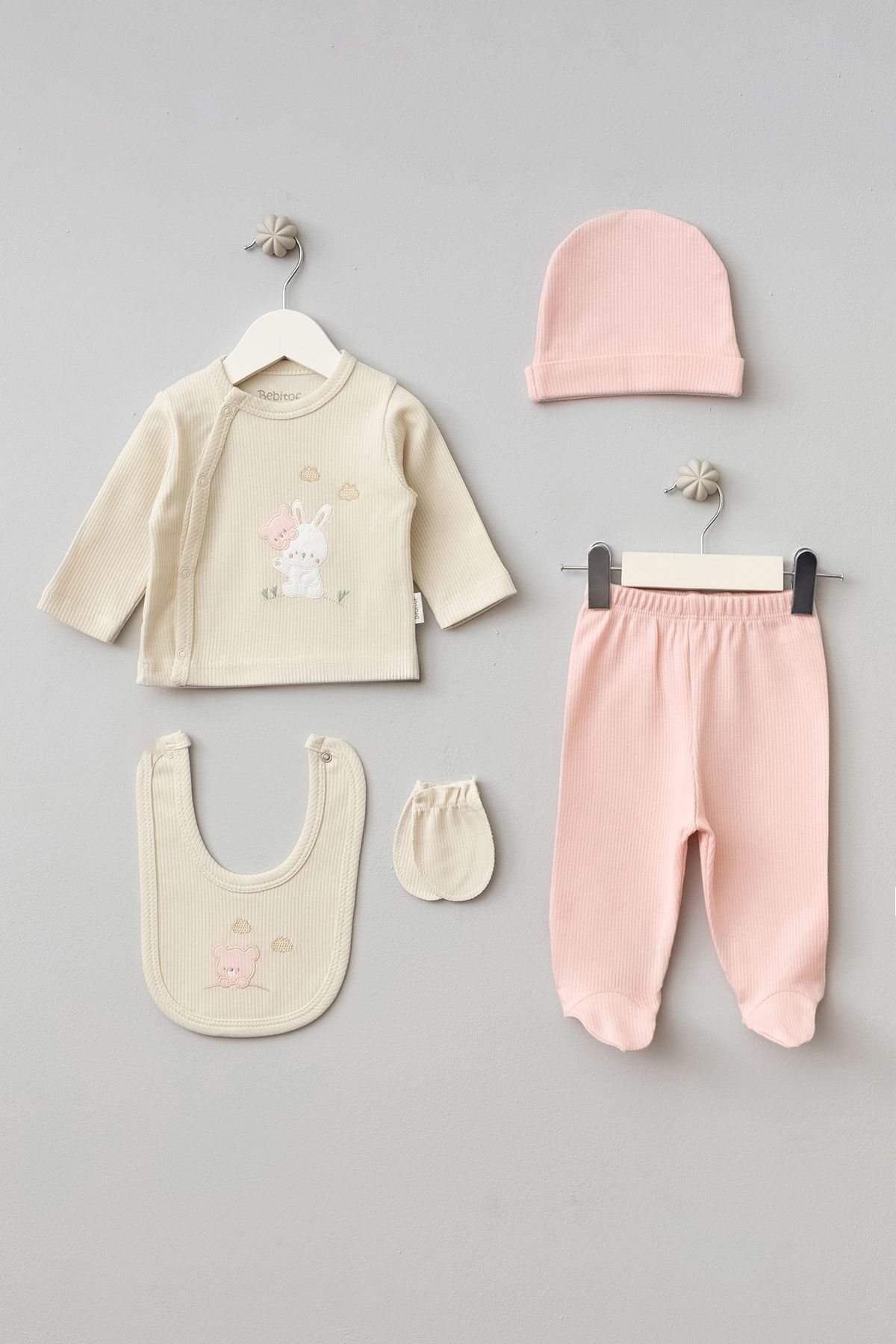 PefyBaby Ayı ve Tavşan 5'li Bebek Zıbın Seti Hastane Çıkışı