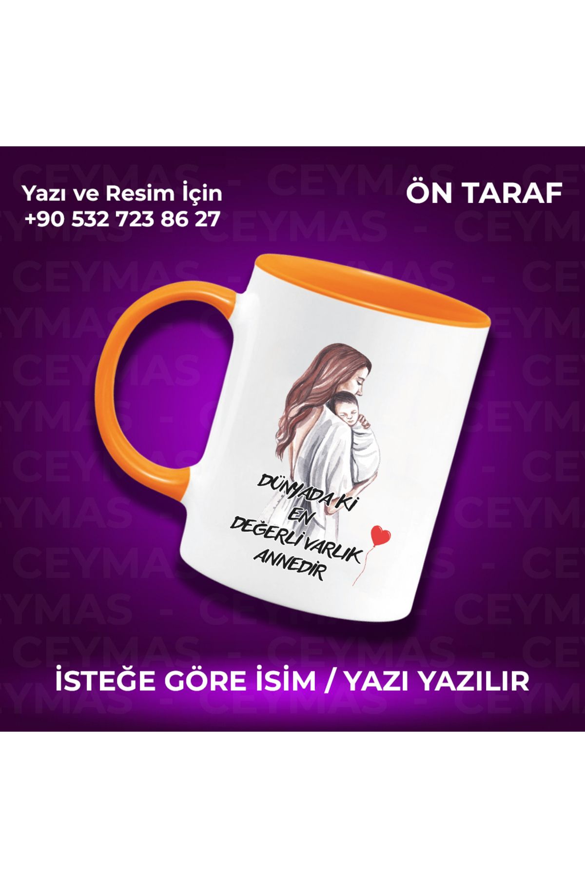 Ceymas Hediyelik Annelere Özel İsimli Anneler Günü Hediyelik Renkli Kupa Bardak