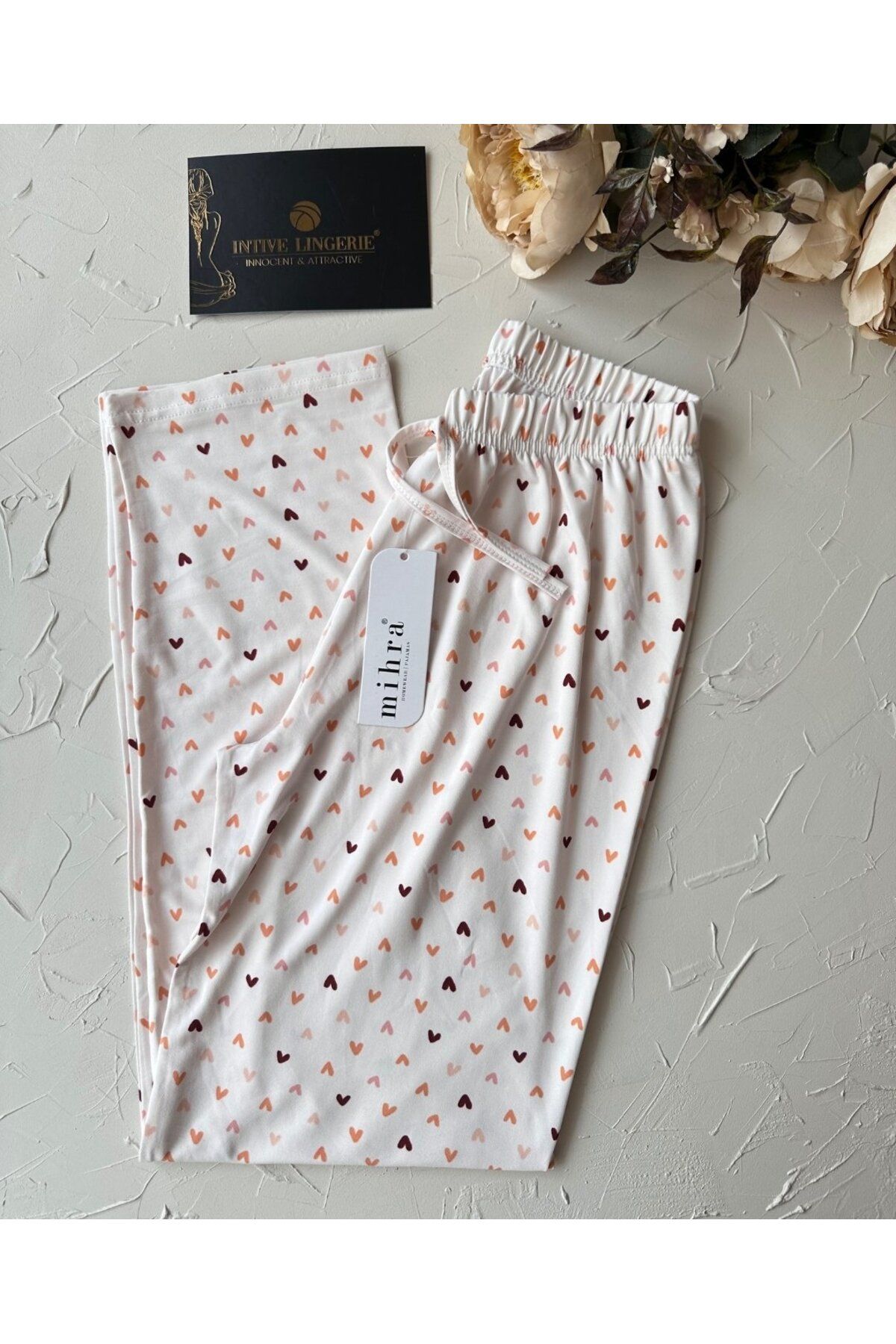 İntive Lingerie Intive Pembe/Somon Küçük Kalp Desenli Açık Bej Beli Lastikli Milan Pijama Altı