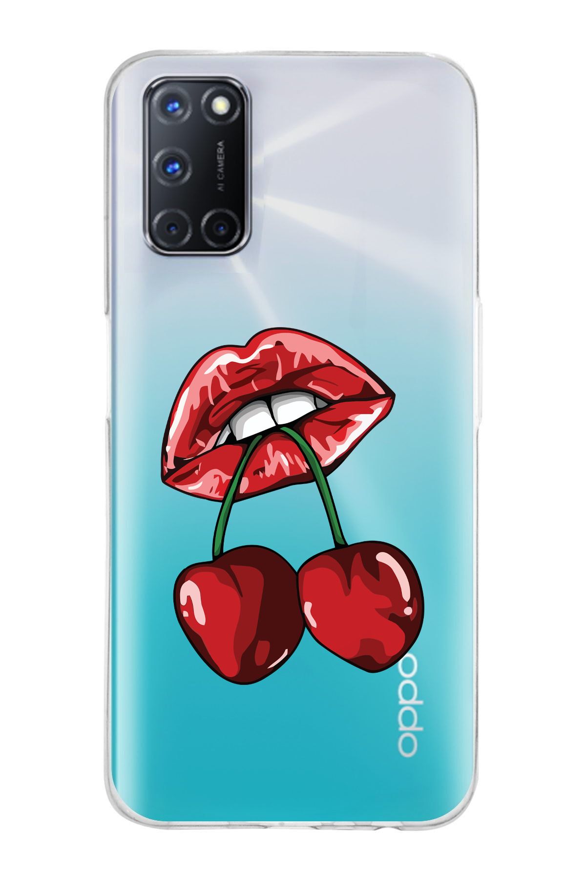 moonset Oppo A52 / A72 / A92 Uyumlu Dudak ve Kiraz Tasarımlı Baskılı Şeffaf Telefon Kılıfı