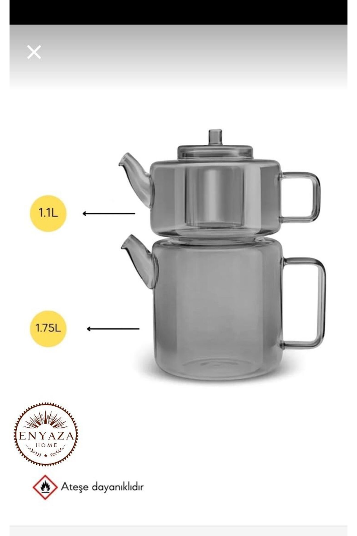 ENYAZA(2024) Borosilikat Cam Çaydanlık Seti Füme ''1100 ml-1800 ml'' Fume