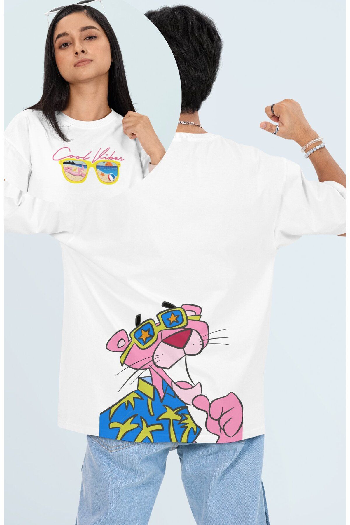 Fuddy Moda Unisex Cool Vibes Pembe Panter Sırt Baskılı Tişört, Oversize Summer Vibes Pembe Panther T-Shirt
