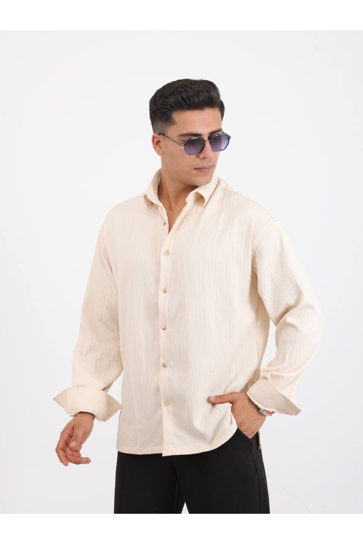 Alpha star Piliseli yırtmaçlı oversize gömlek