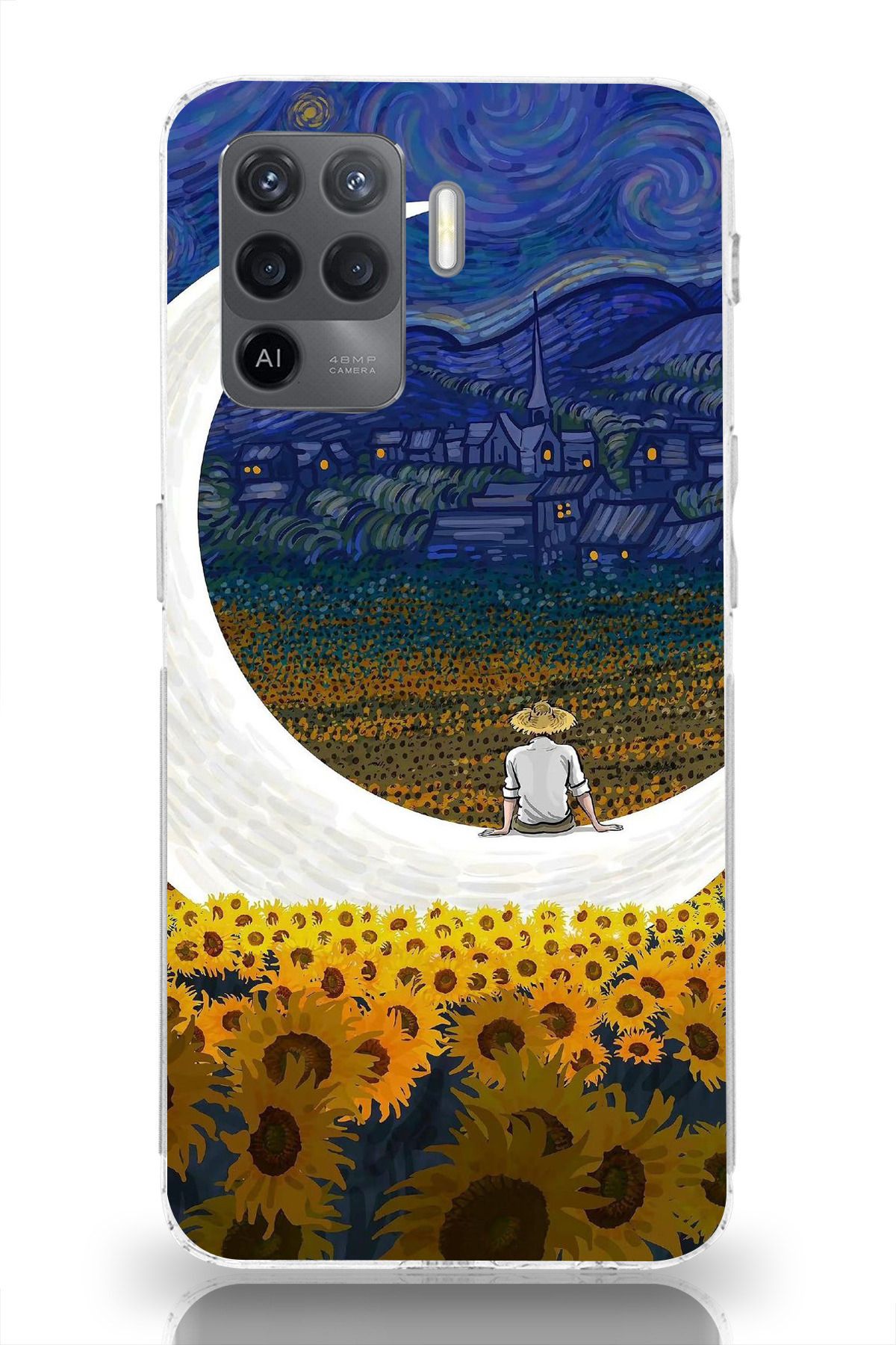 moonset Oppo Reno 5 Lite Uyumlu Van Gogh Tasarımlı Baskılı Şeffaf Telefon Kılıfı