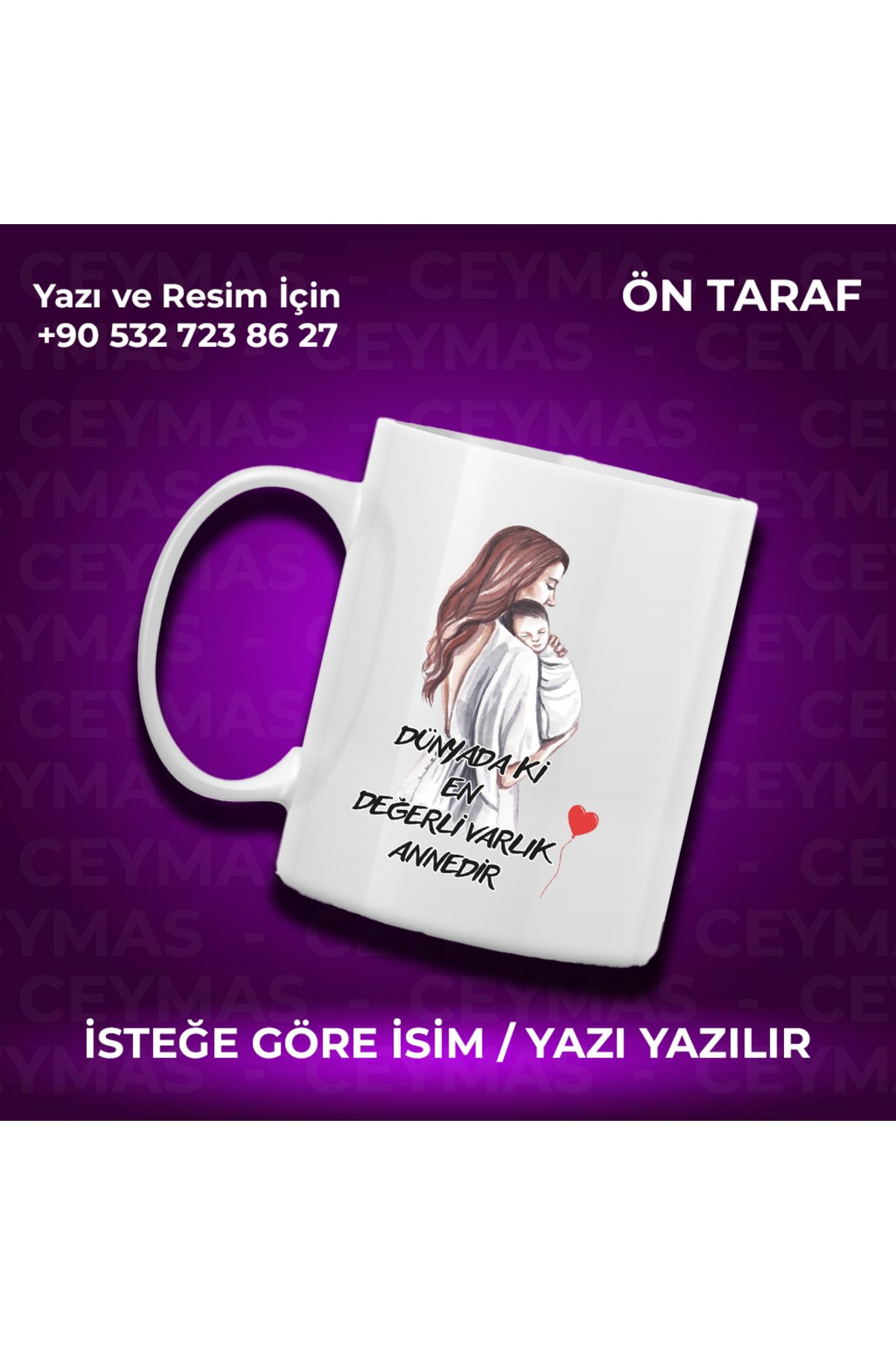 Ceymas Hediyelik Annelere Özel İsimli Anneler Günü Hediyelik Renkli Kupa Bardak