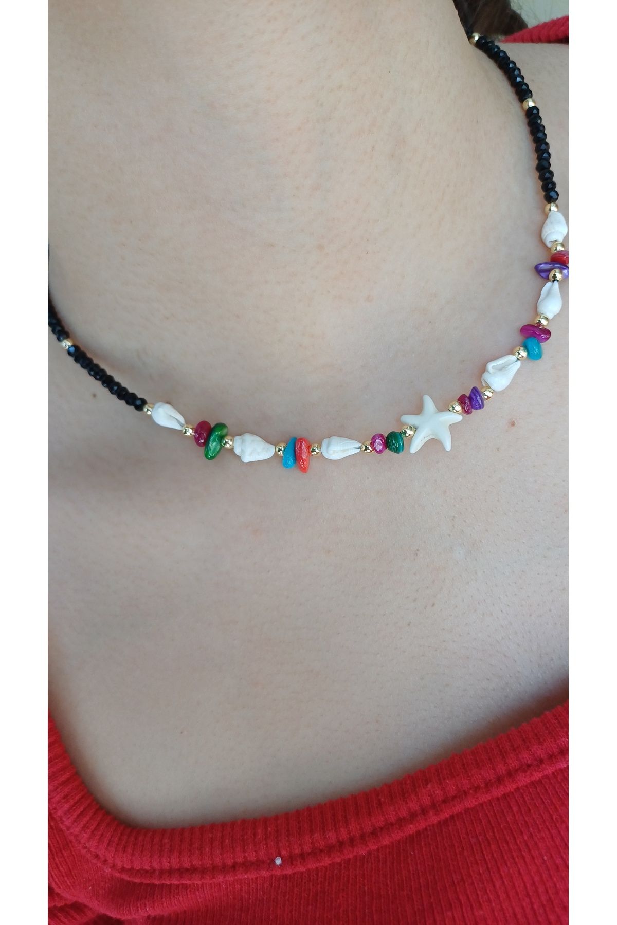 Jewerly Siyah kristal kolye doğaltaş ve deniz kabuğu temalı