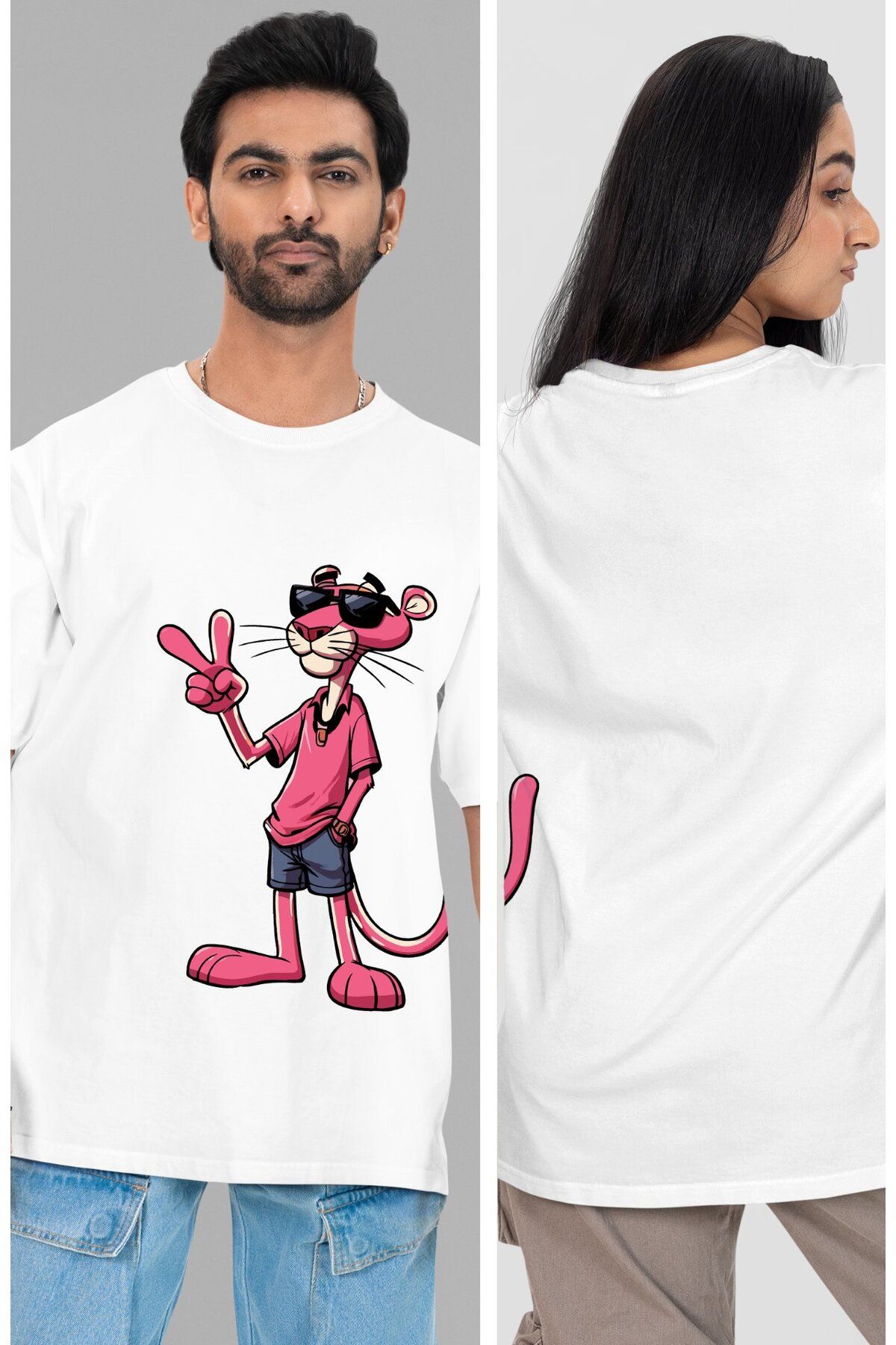 Fuddy Moda Unisex Gözlüklü Pembe Panter Baskılı Tişört, Oversize Pink Panther Temalı T-Shirt