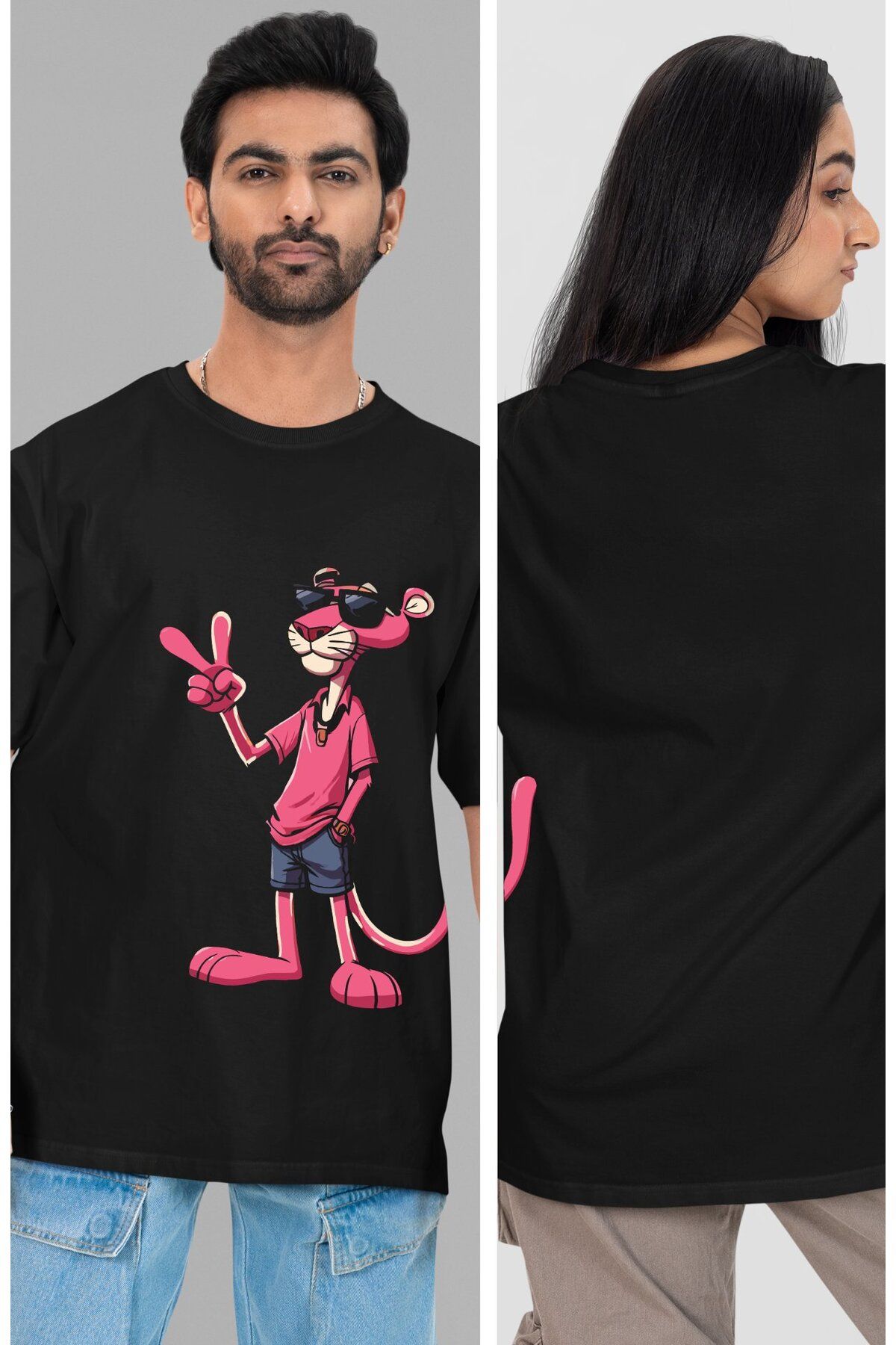 Fuddy Moda Unisex Gözlüklü Pembe Panter Baskılı Tişört, Oversize Pink Panther Temalı T-Shirt