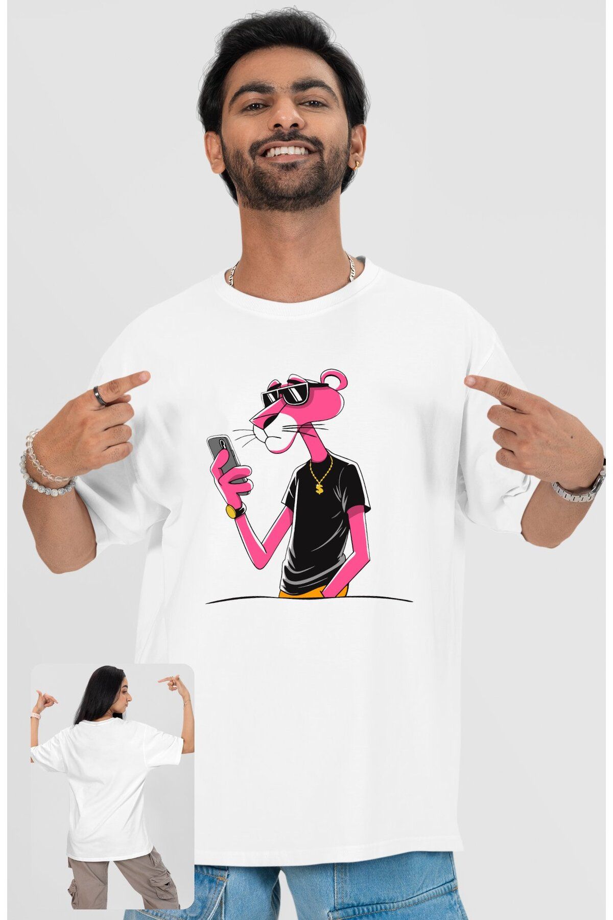 Fuddy Moda Unisex Kolyeli Pembe Panter Baskılı Tişört, Oversize Çizgi Film Pink Panther Temalı T-Shirt