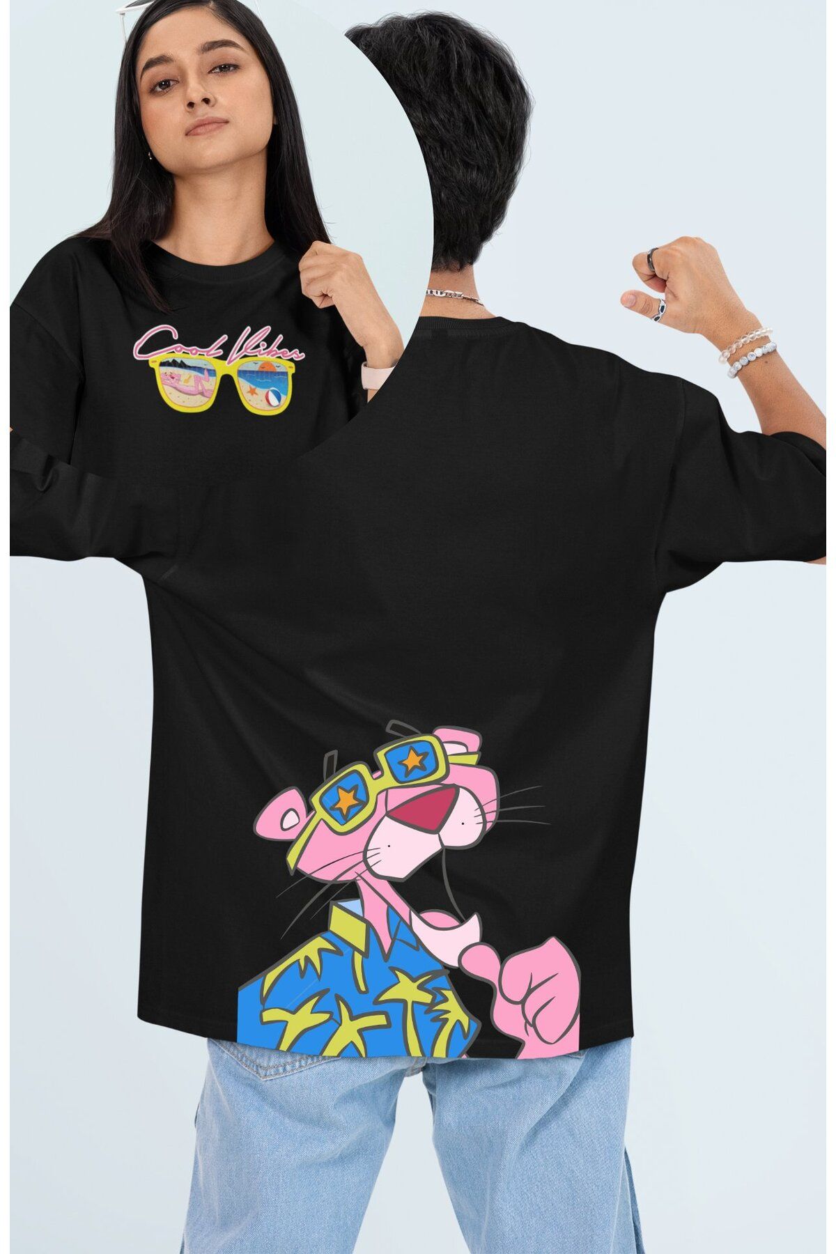 Fuddy Moda Unisex Cool Vibes Pembe Panter Sırt Baskılı Tişört, Oversize Summer Vibes Pembe Panther T-Shirt
