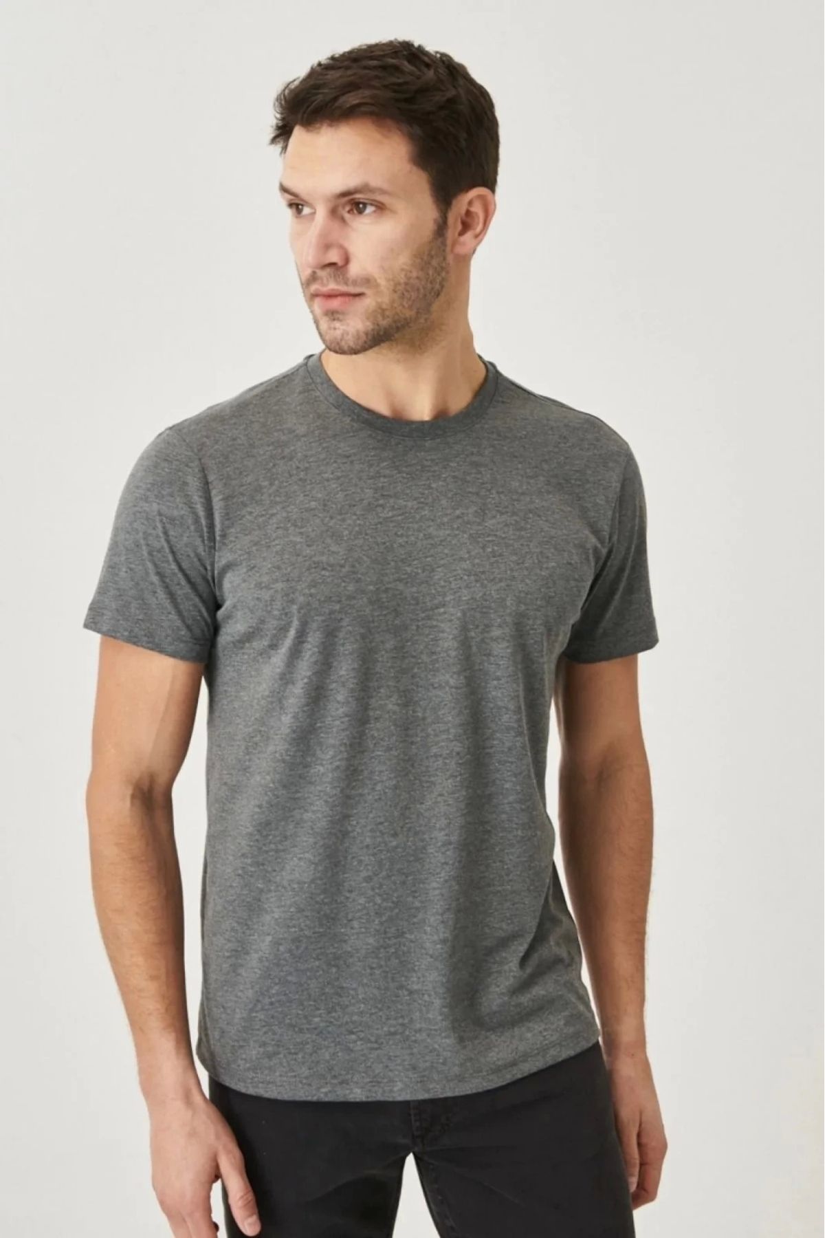 PHANTOM JEANS Erkek Gri Likralı Şık Pamuklu Slim Fit Dar Kesim Bisiklet Yaka Basic Tişört