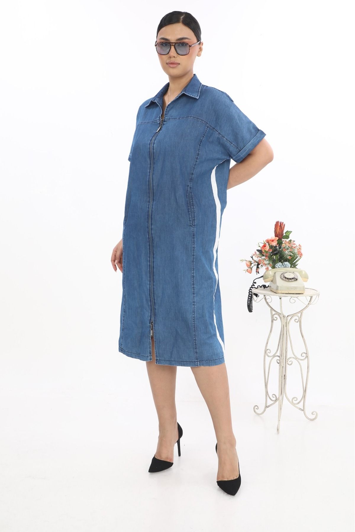 Novinka Kadın Denim Fermuarlı Cepli Kot Elbise