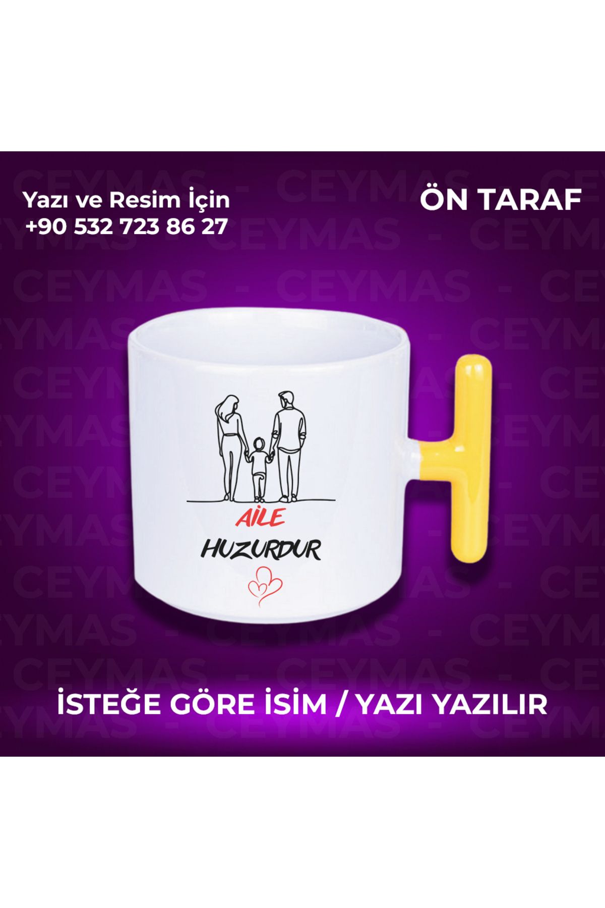 Ceymas Hediyelik Kişiye Özel İsimli Aile Huzurdur Baskılı Hediyelik Renkli Kupa Bardak