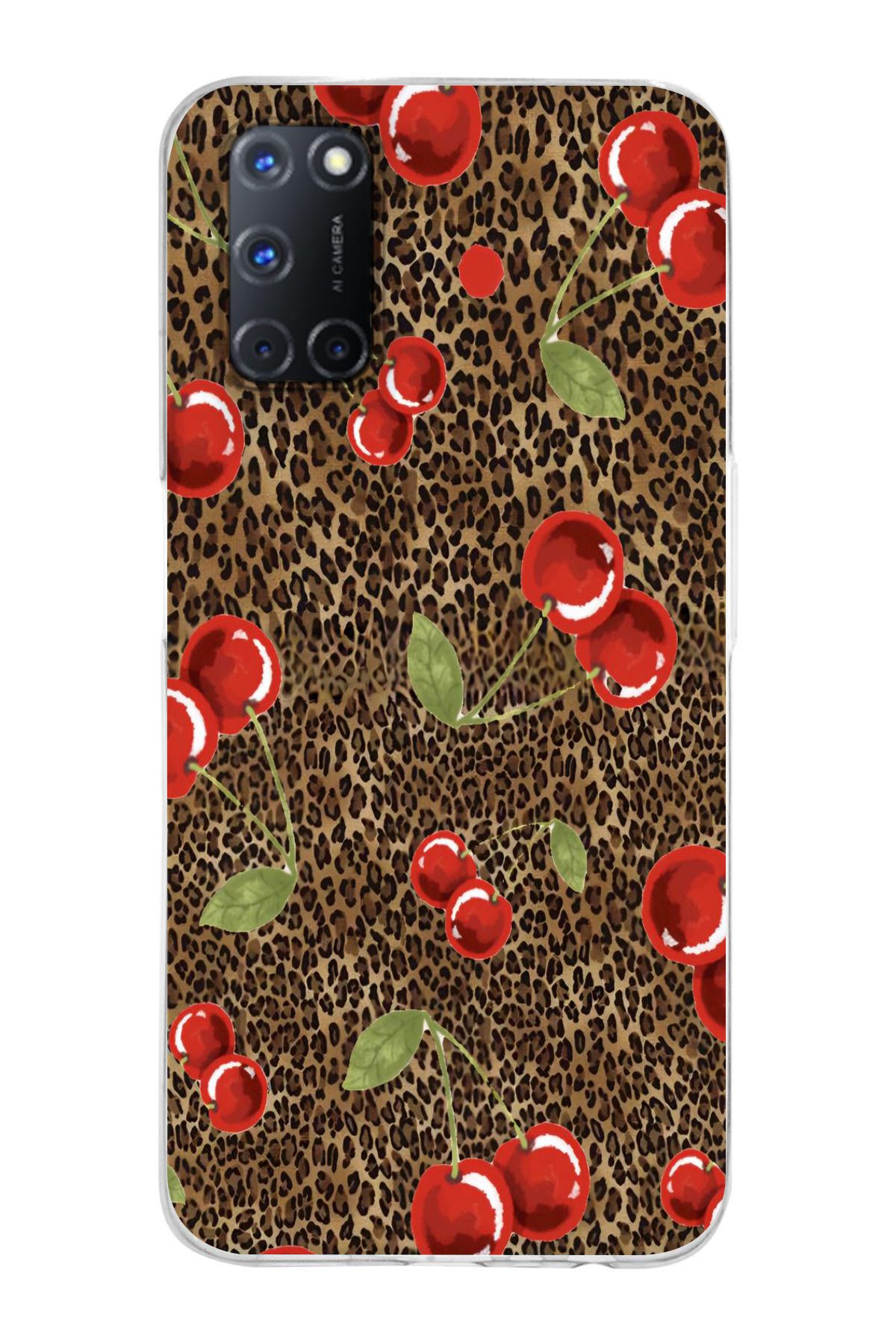 moonset Oppo A52 / A72 / A92 Uyumlu Leopar ve Kiraz Tasarımlı Baskılı Şeffaf Telefon Kılıfı