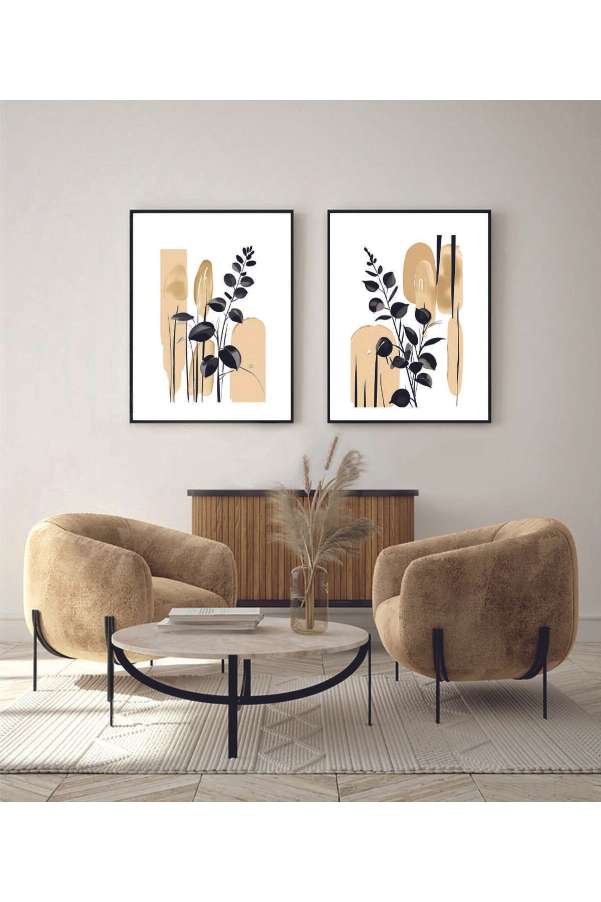 Artte Ahşap Çerçeveli Minimalist 2li Tablo Modern Bohem Duvar Dekoru