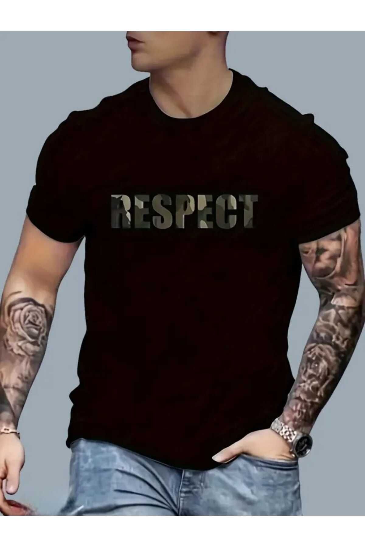 TekTarzz Unisex Erkek Respect Kamuflaj Baskılı Tshirt