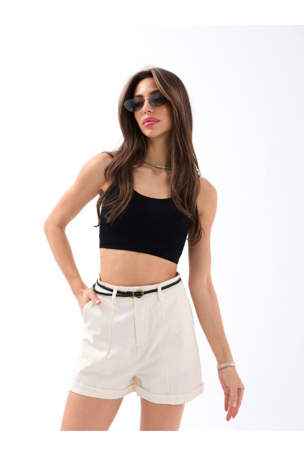 Castivo Fashion Kemerli Dikiş Detaylı Yüksek Bel Şort