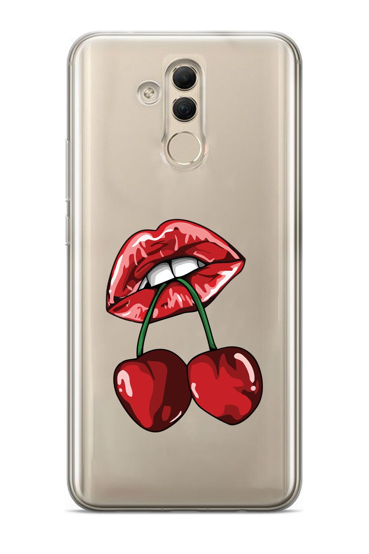 moonset Huawei Mate 20 Lite Uyumlu Dudak ve Kiraz Tasarımlı Baskılı Şeffaf Telefon Kılıfı