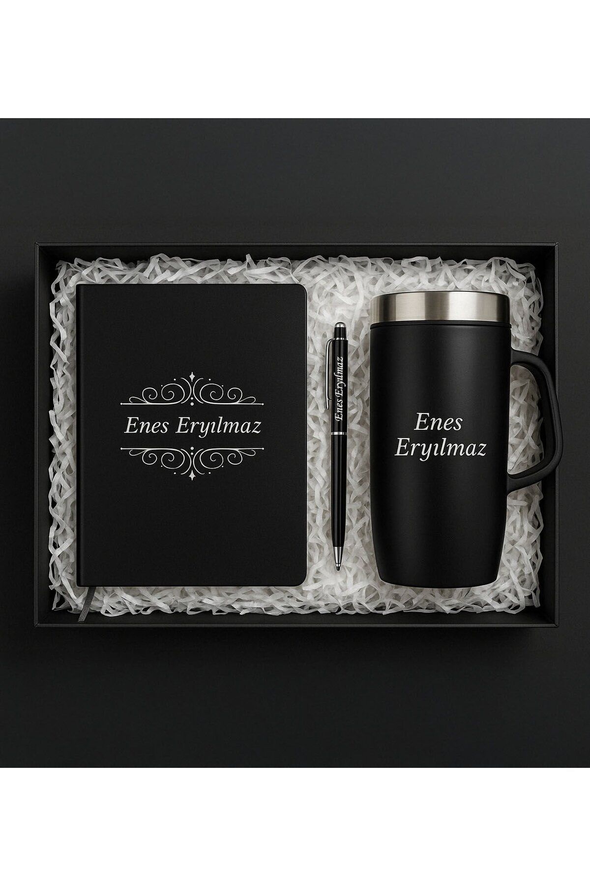 Bk Gift Kişiye Özel Siyah Kalem&Termos Mug&Kalem Hediye Seti-1, Arkadaşa Hediye, Yeni İş Hediyesi