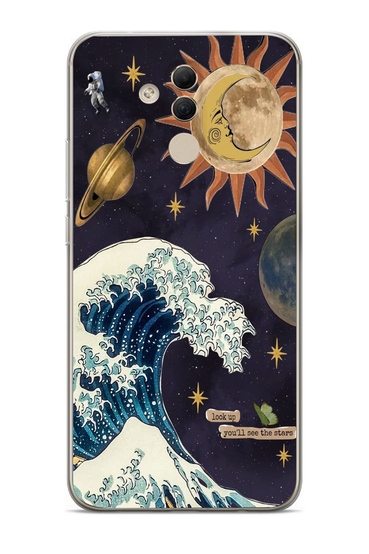 moonset Huawei Mate 20 Lite Uyumlu Dalga ve Güneş Tasarımlı Baskılı Şeffaf Telefon Kılıfı