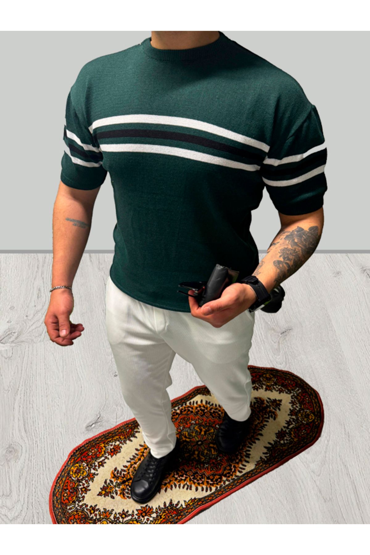 Athleon Beyaz Şeritli Haki Renk Tişört Lux Premium Tişört