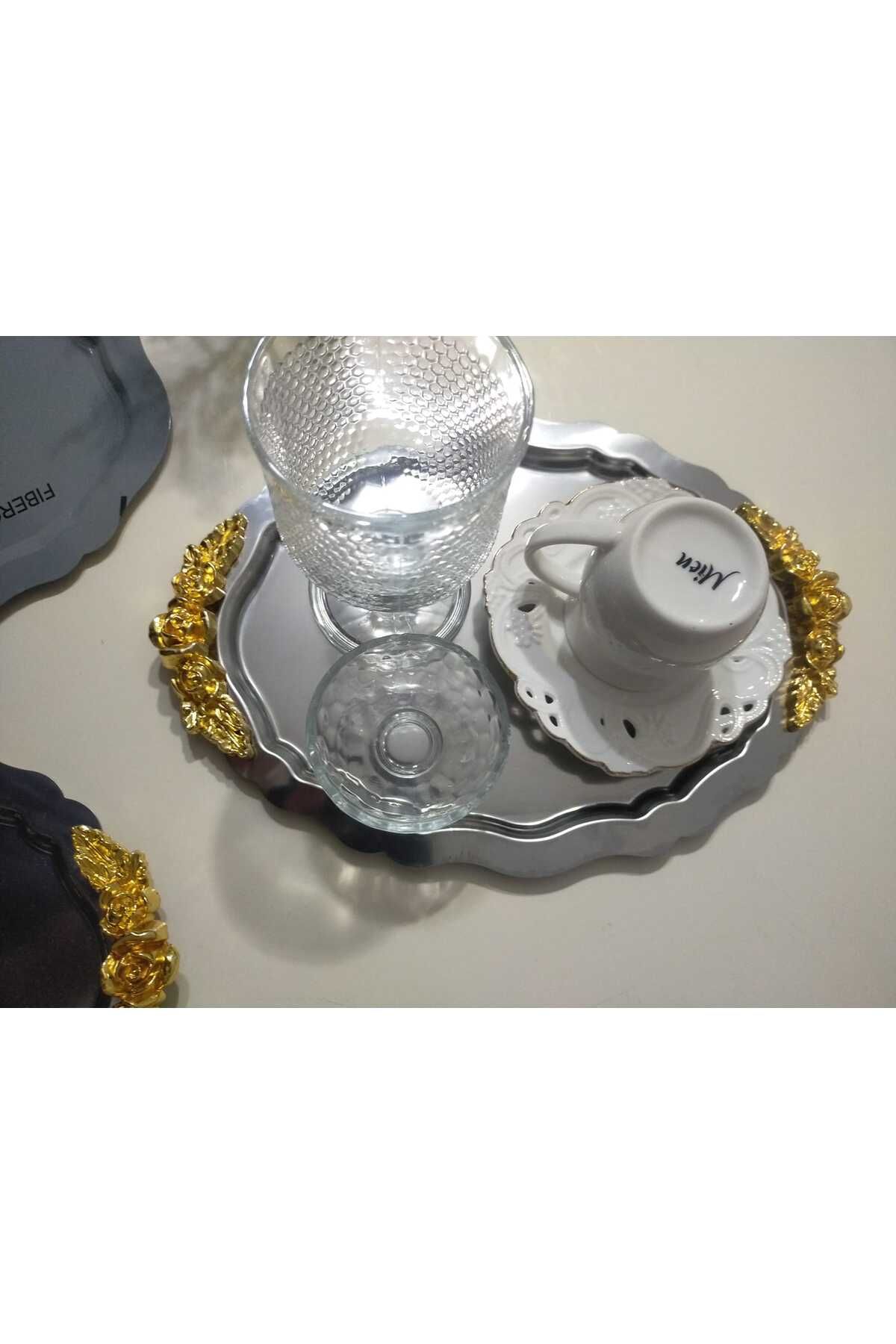 SUN INOX STORE 6 ADET OVAL PASLANMAZ GÜL AKSESUARLI ÇAY KAHVE SUNUM , SÖZ NİŞAN VE DEKOR TEPSİSİ