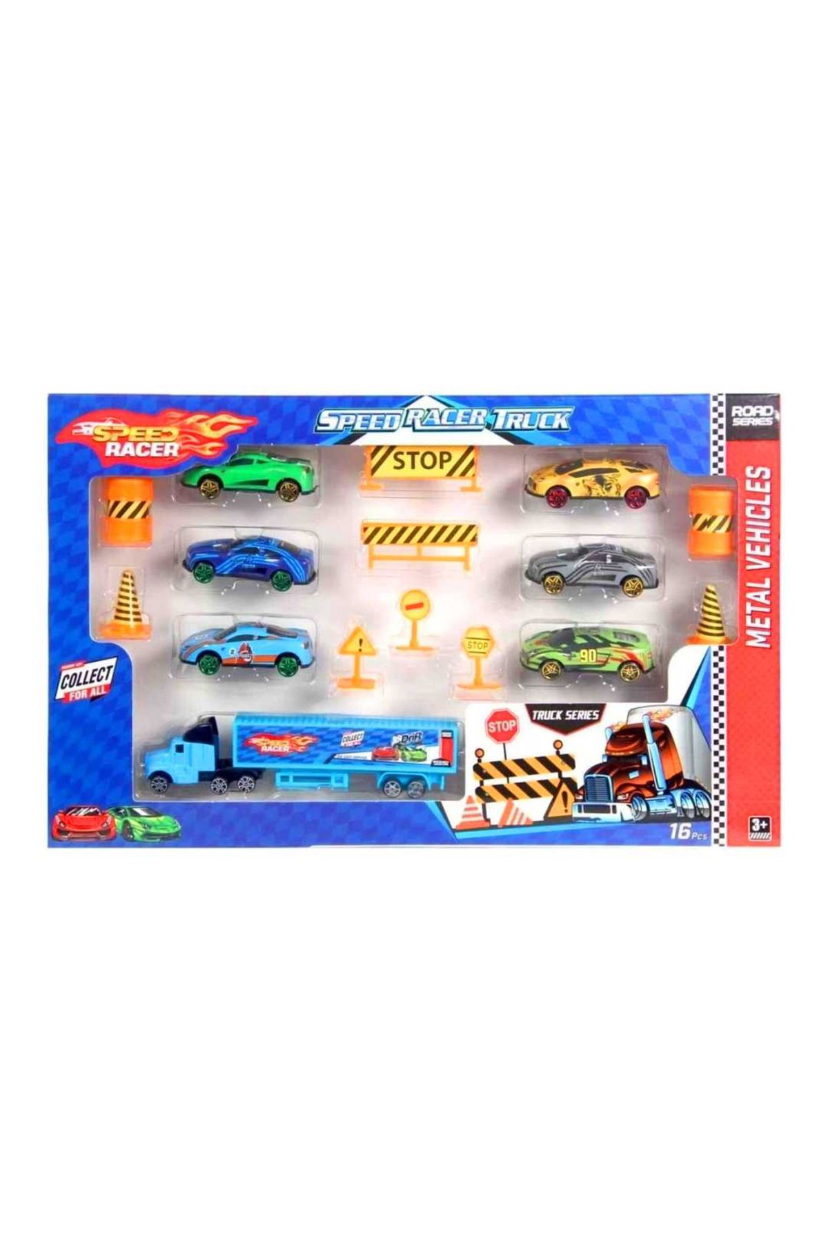 Art Tone OYUNCAK SPEED RACER TIR SETİ TRAFİK LEVHALI 6 ADET METAL ARABA 16 PARÇA 3+