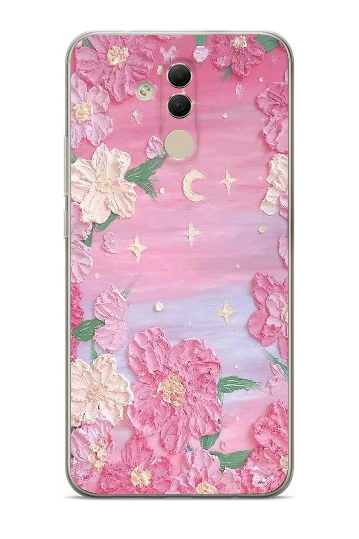 moonset Huawei Mate 20 Lite Uyumlu Pastel Çiçekler Tasarımlı Baskılı Şeffaf Telefon Kılıfı